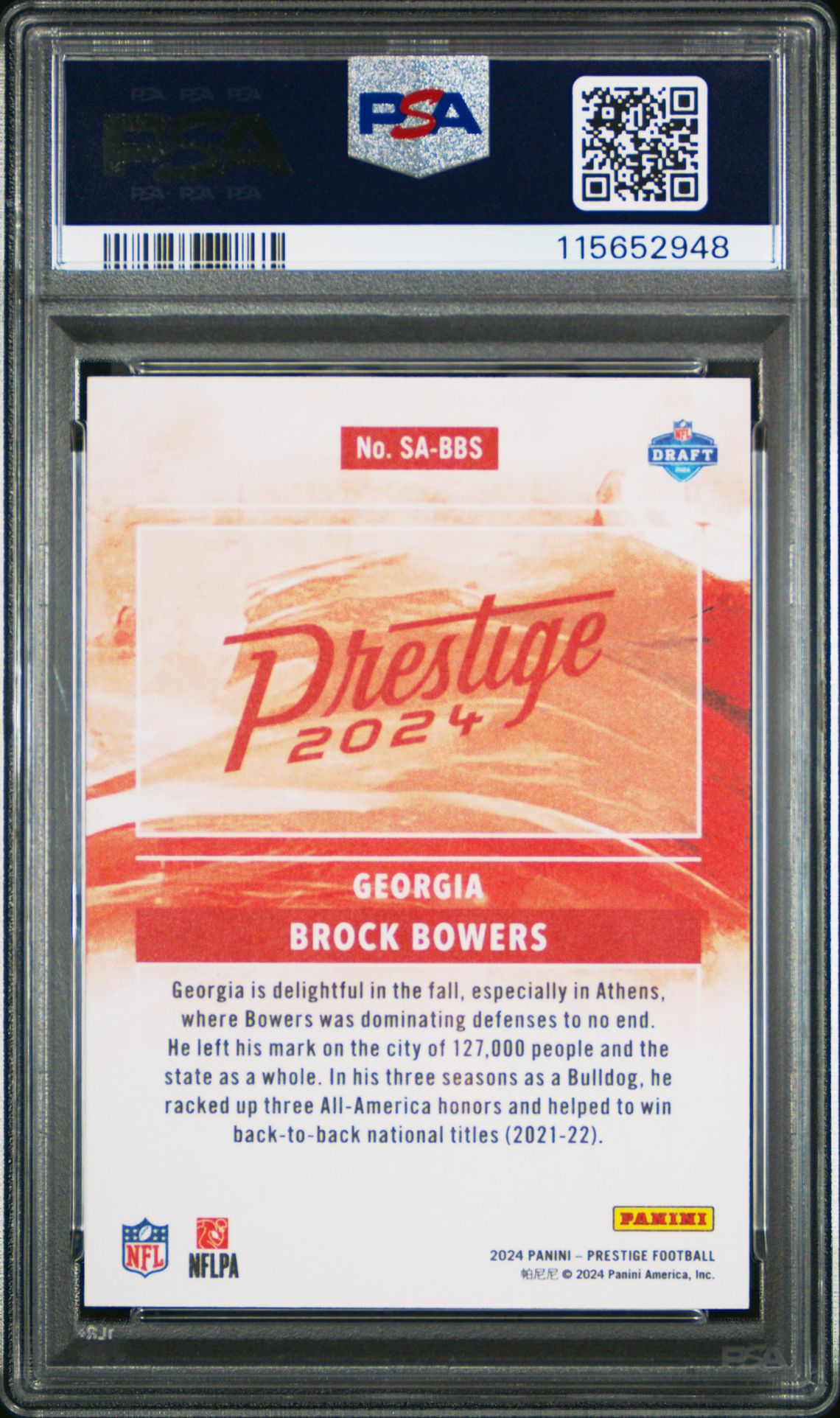 2024 Panini Prestige State Of The Art Brock Bowers #Sabbs Gem Mt 10 back