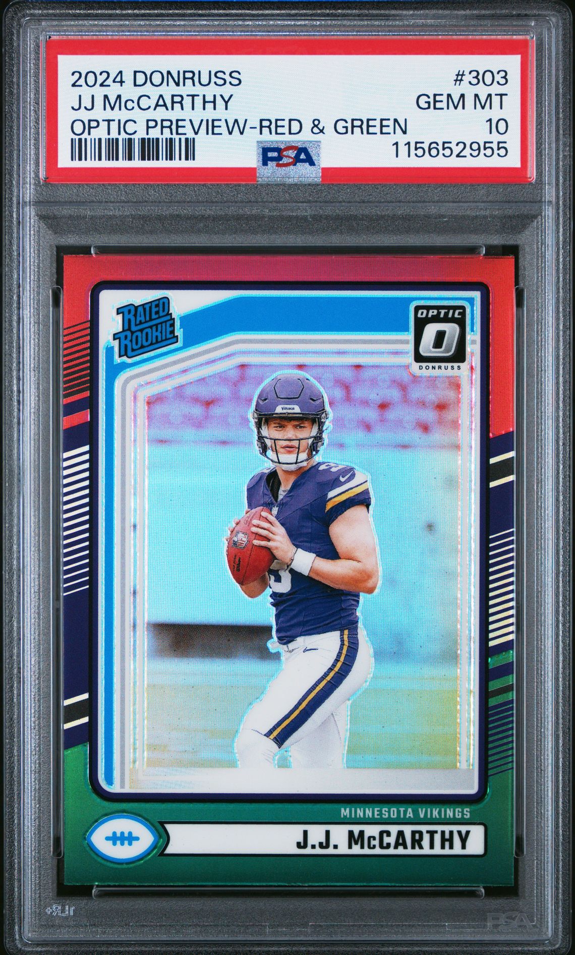 2024 Panini Donruss Jj Mccarthy #303 (Optic Preview-Red & Green) Gem Mt 10 front