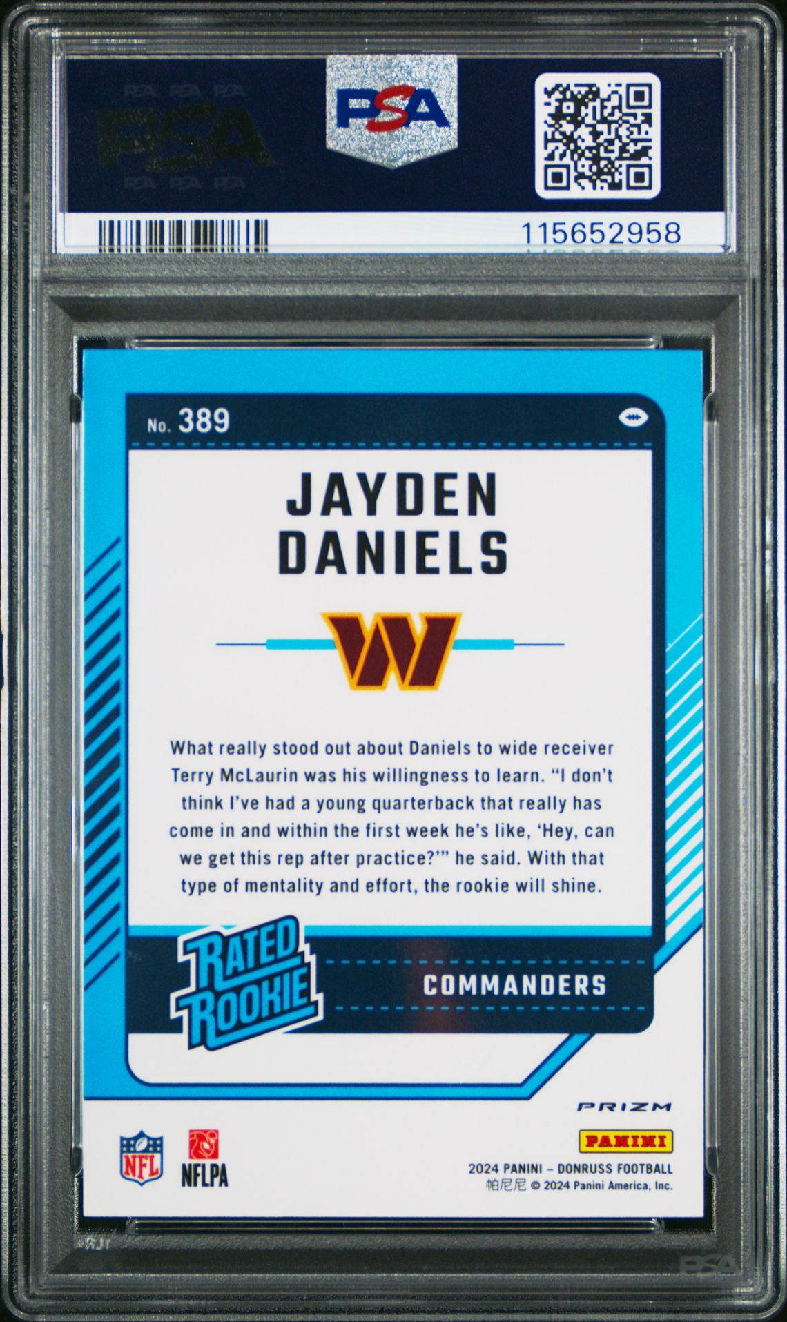 2024 Panini Donruss Jayden Daniels #389 (Optic Preview-Red Wave) Gem Mt 10 back