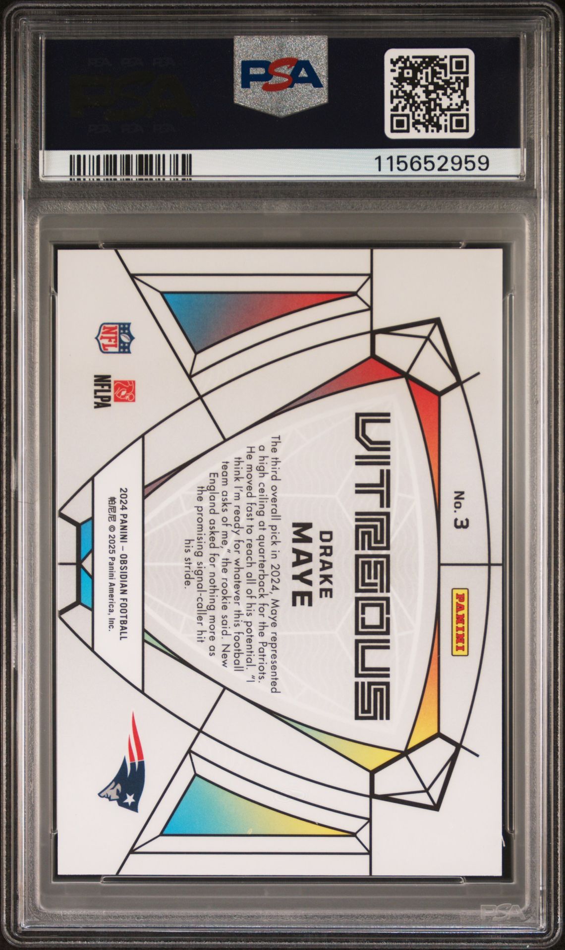 2024 Panini Obsidian Vitreous Drake Maye #3 Gem Mt 10 back