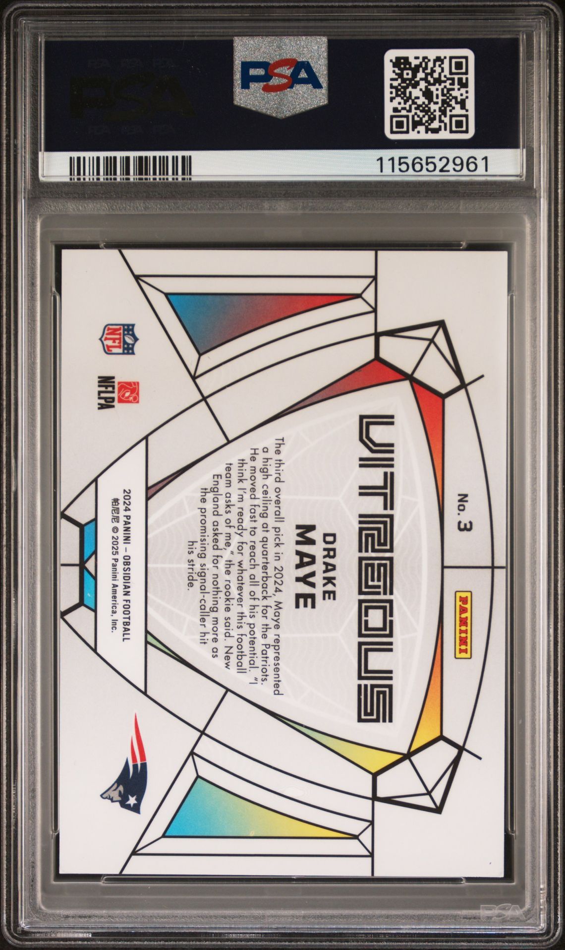 2024 Panini Obsidian Vitreous Drake Maye #3 Gem Mt 10 back