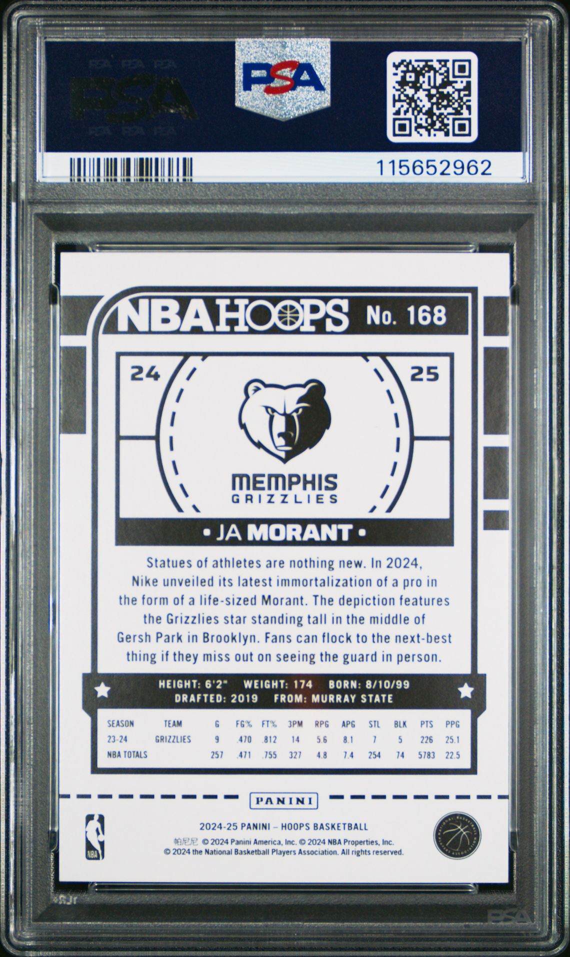 2024 Panini Nba Hoops Ja Morant #168 (Green) Gem Mt 10 back