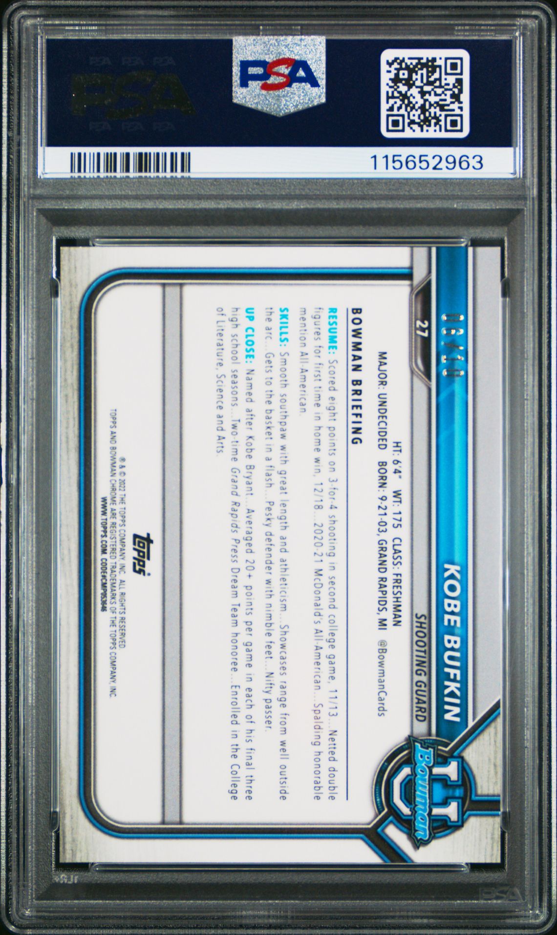 2021 Bowman University Kobe Bufkin #27 (Chrome-Red Shimmer Ref.) Gem Mt 10 back