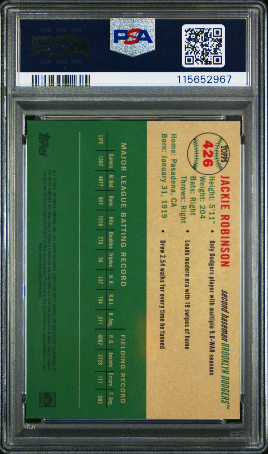 2023 Topps Chrome Platinum Anniversary Jackie Robinson #426 (Topps Refractor) Gem Mt 10 back