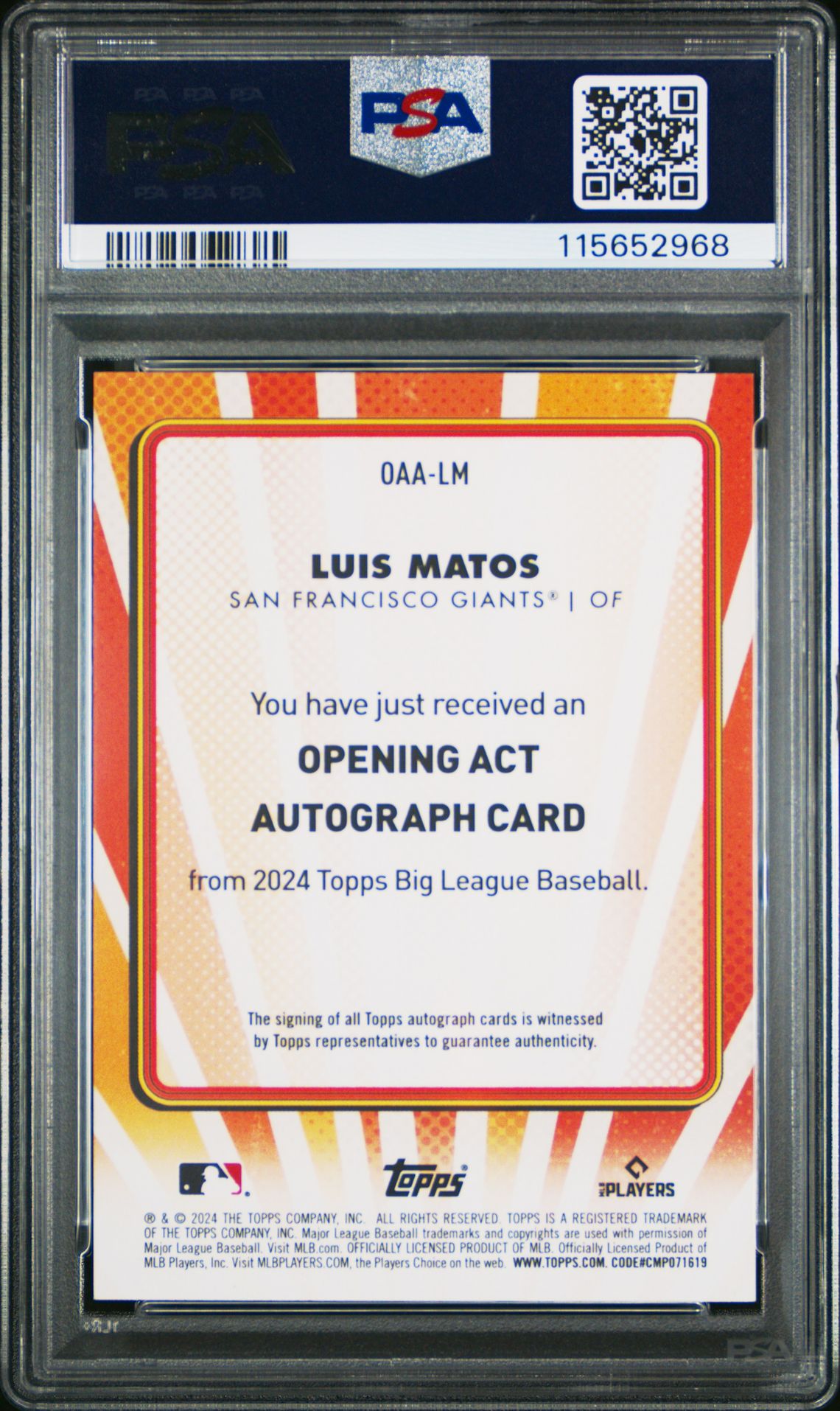 2024 Topps Big League Opening Act Autographs Luis Matos #Oaalm (Opening Act Auto-Org Foil) Gem Mt 10 back