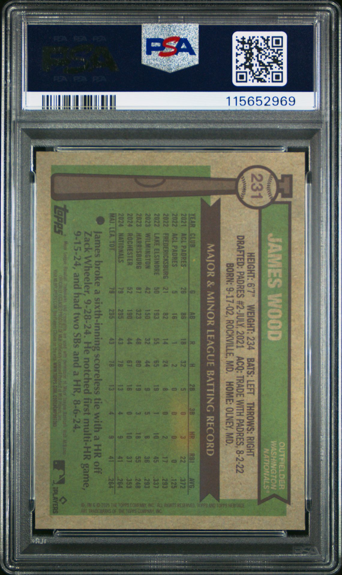 2025 Topps Heritage James Wood #231 (Chr-Light Blue Sparkle Ref) Gem Mt 10 back