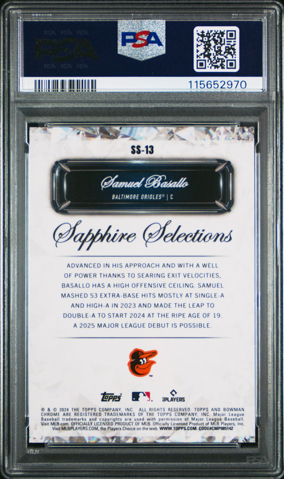 2024 Bowman Chrome Sapphire Edition Sapphire Selections Samuel Basallo #Ss13 (Sapphire Selections-Org Ref) Gem Mt 10 back view - PSA certificate #115652970