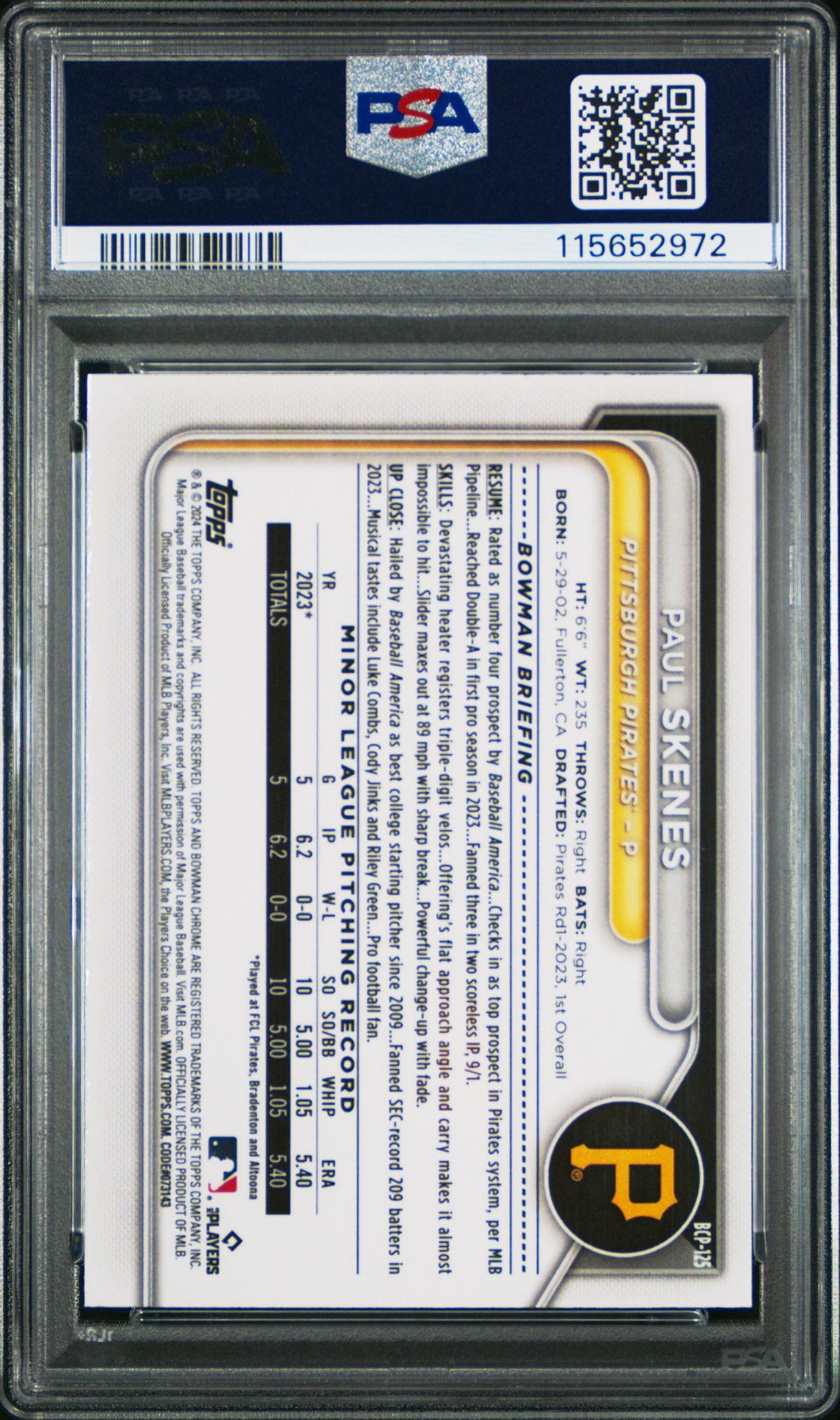 2024 Bowman Chrome Prospects Paul Skenes #Bcp125 (Chrome Prospects-Lava Ref) Gem Mt 10 back