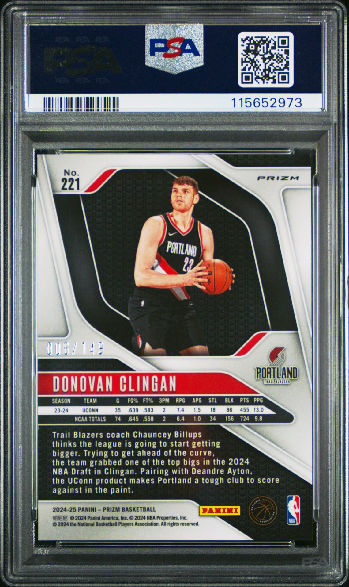 2024 Panini Prizm Donovan Clingan #221 (Purple Ice) Mint 9 back