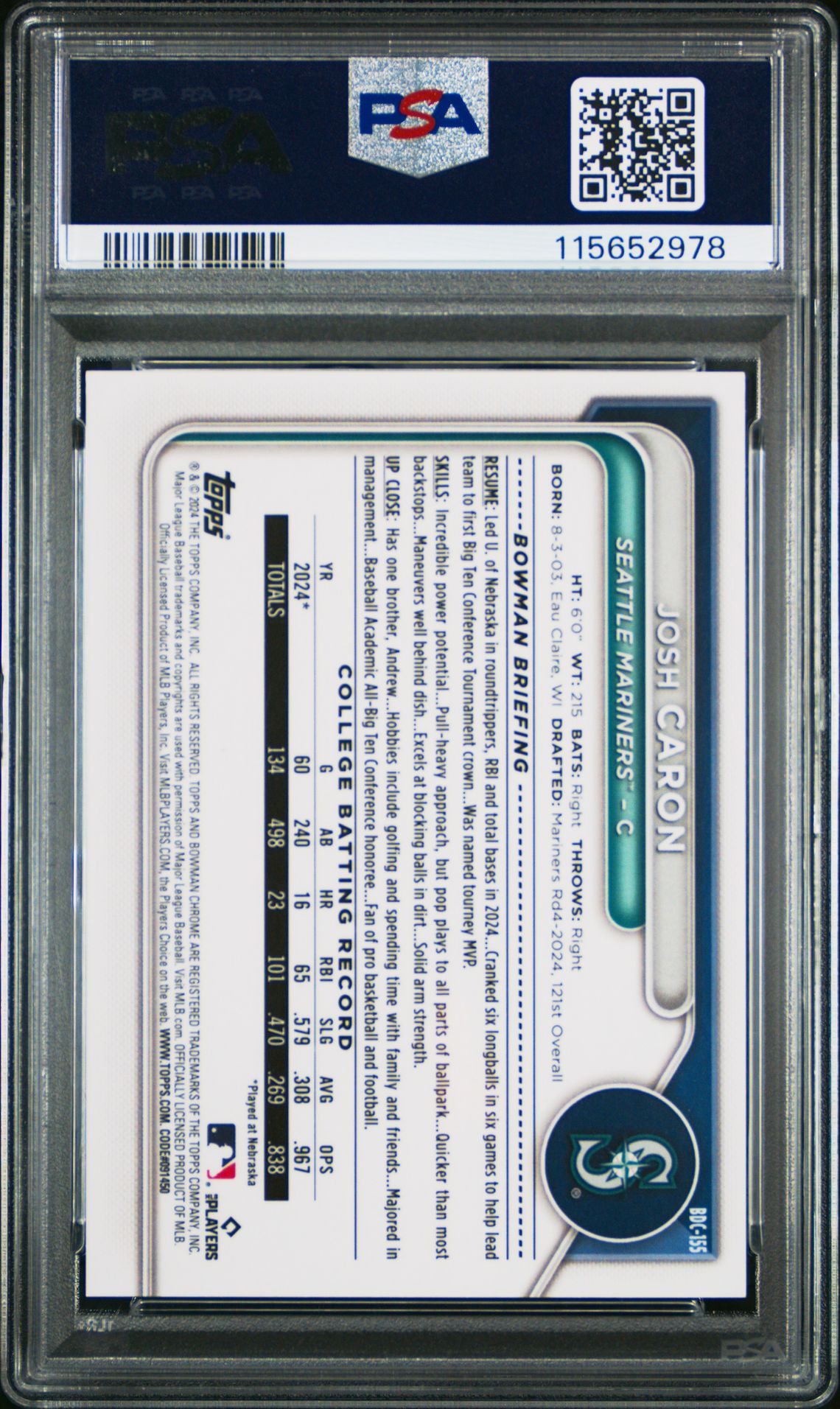 2024 Bowman Draft Josh Caron #Bdc155 (Chrome-Black Refractor) Mint 9 back