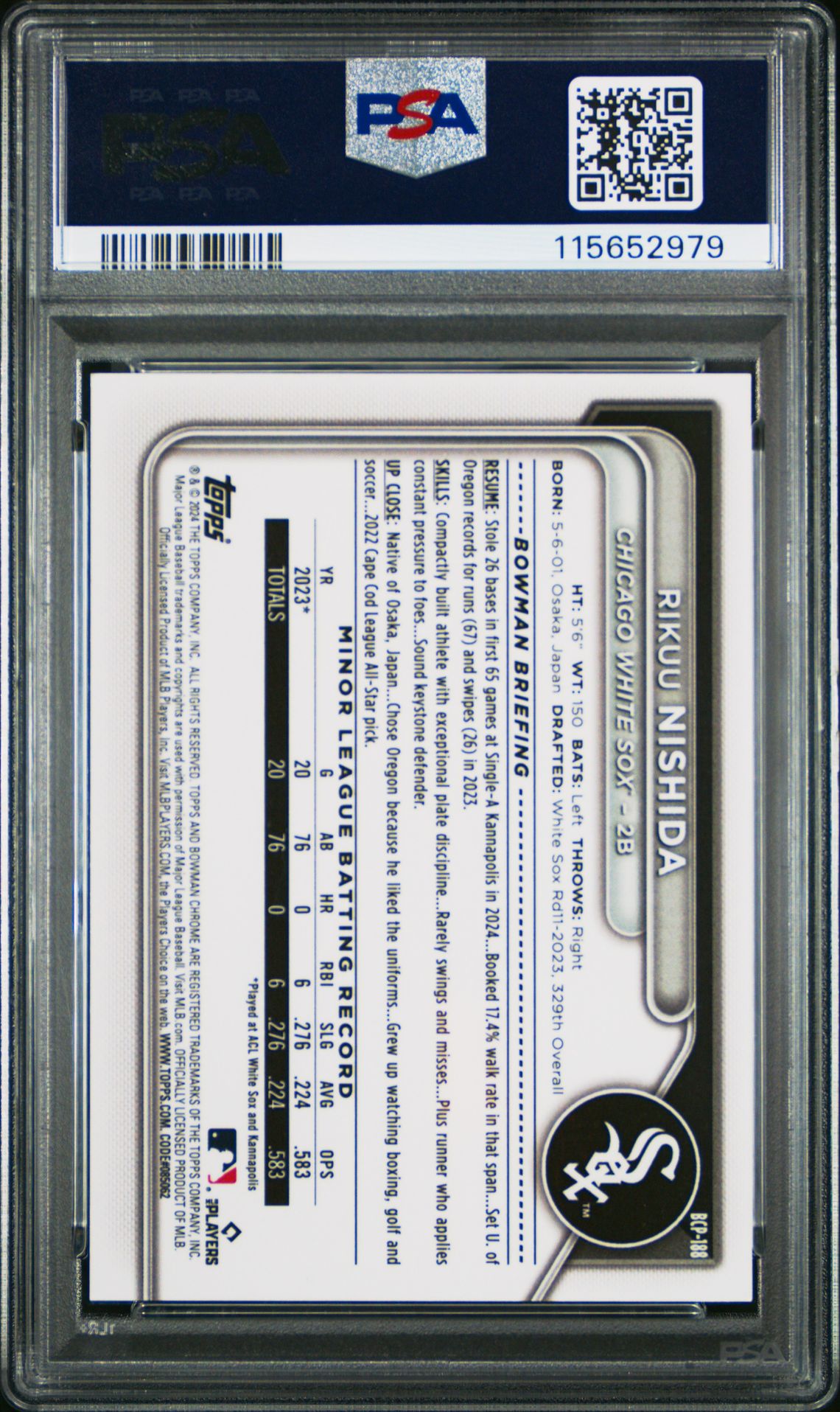 2024 Bowman Chrome Prospects Rikuu Nishida #Bcp188 (Prospects-Reptilian Blk Ref) Gem Mt 10 back