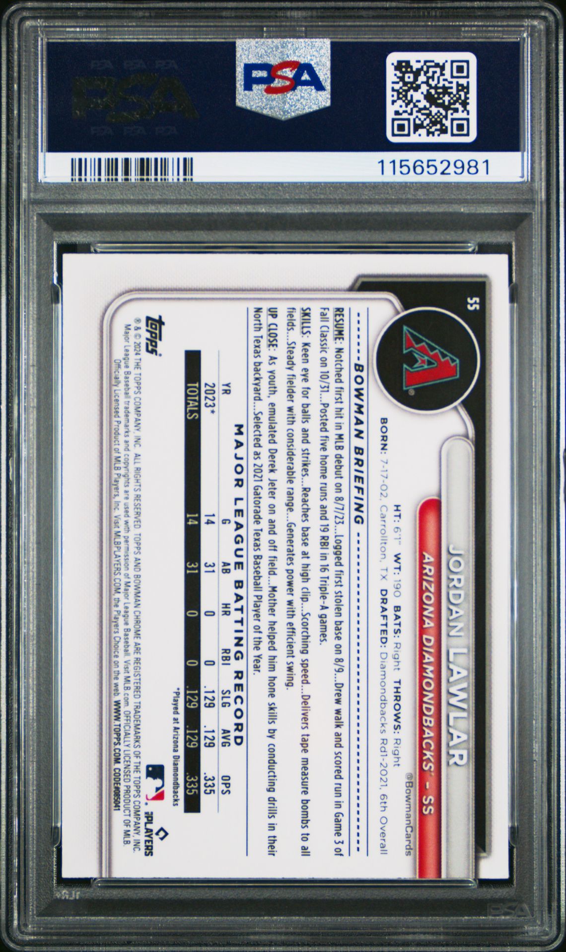 2024 Bowman Chrome Jordan Lawlar #55 (Wave Refractor) Mint 9 back