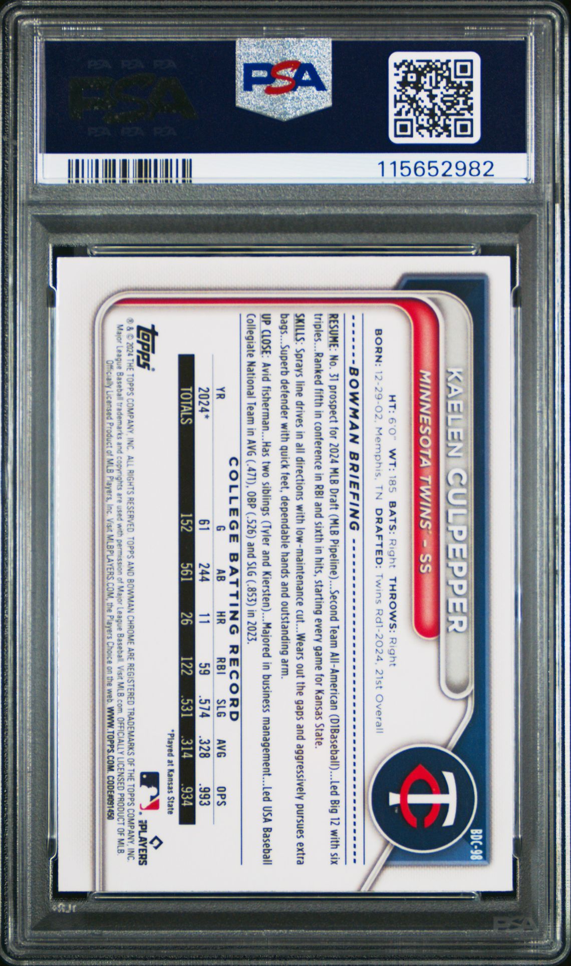 2024 Bowman Draft Kaelen Culpepper #Bdc98 (Chr-Ylw Lunar Crater Ref) Gem Mt 10 back