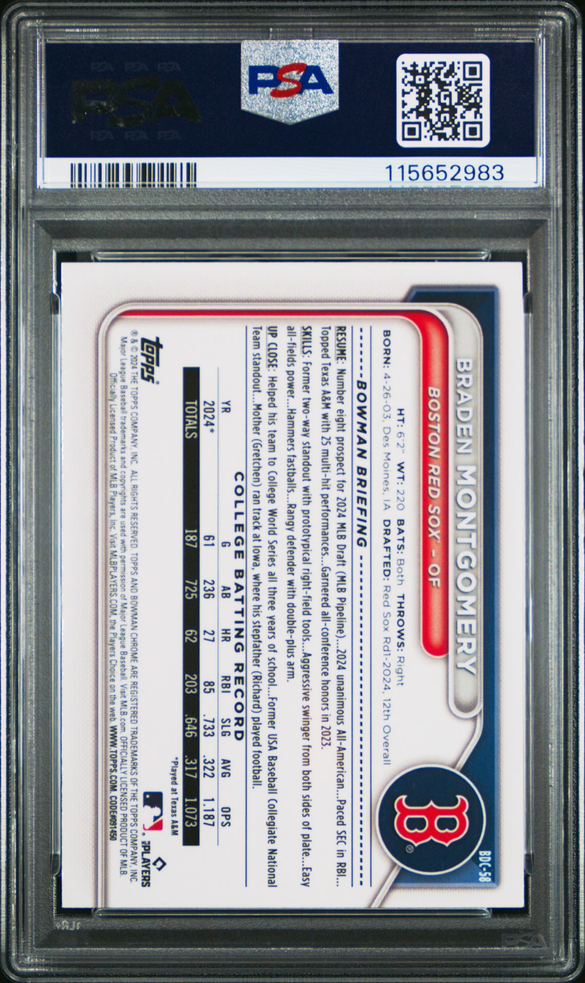 2024 Bowman Draft Braden Montgomery #Bdc58 (Chrome-Sparkle Refractor) Gem Mt 10 back view - PSA certificate #115652983