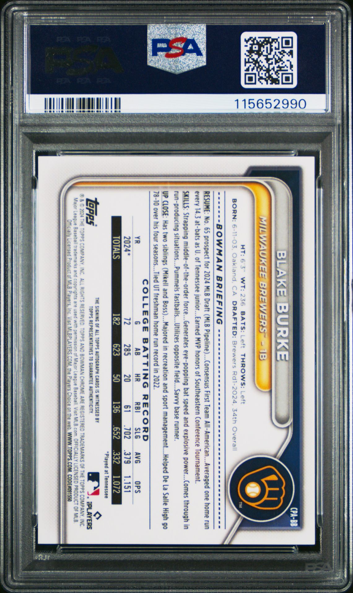 2024 Bowman Draft Chrome Prospect Autographs Blake Burke #Cpabb (Chr Prospect Au-Aqua Lava) Gem Mt 10 back
