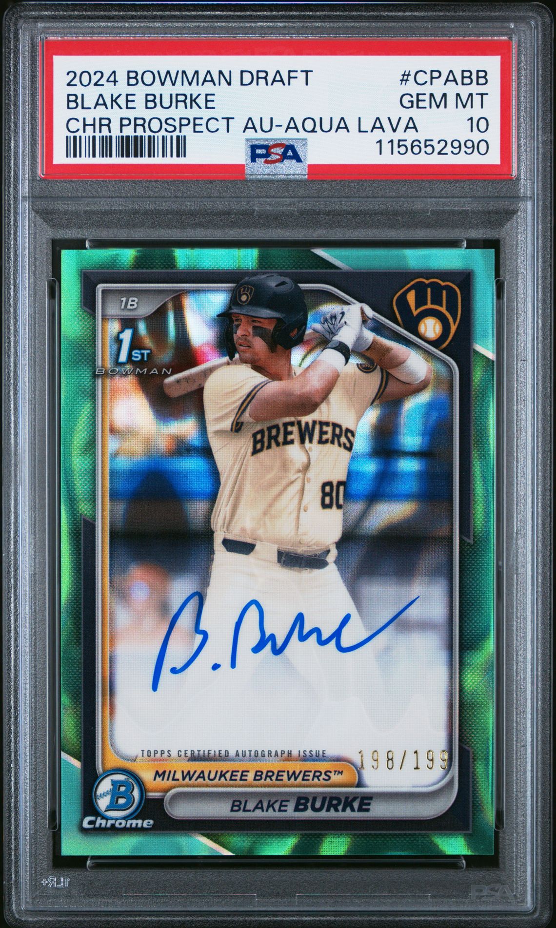 2024 Bowman Draft Chrome Prospect Autographs Blake Burke #Cpabb (Chr Prospect Au-Aqua Lava) Gem Mt 10 front