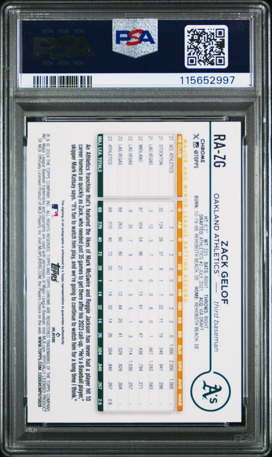 2024 Topps Chrome Rookie Autographs Zack Gelof #Razg (Rookie Au-Purple Speckle Ref) Mint 9 back