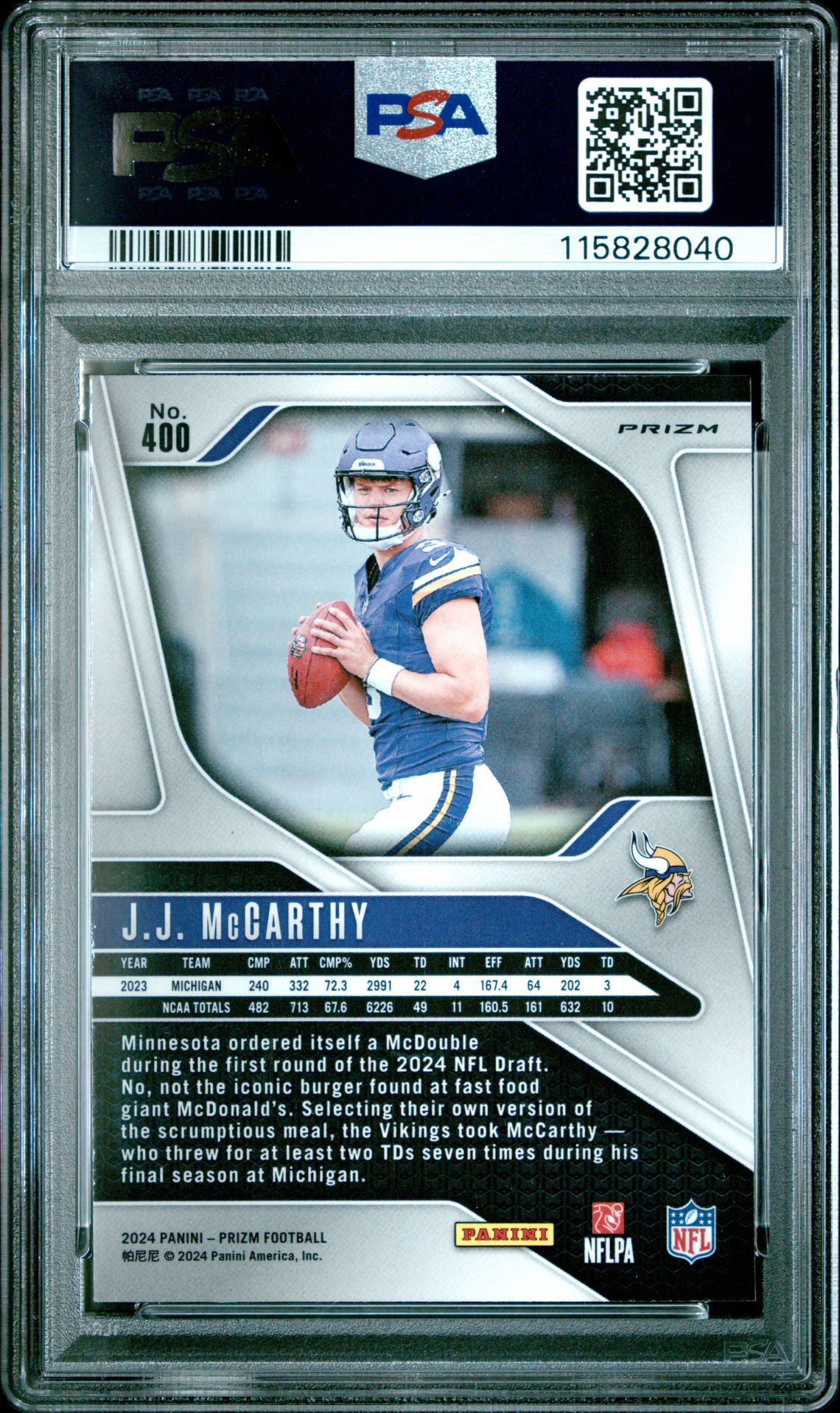 2024 Panini Prizm Jj Mccarthy #400 (Silver Prizm) Mint 9 back