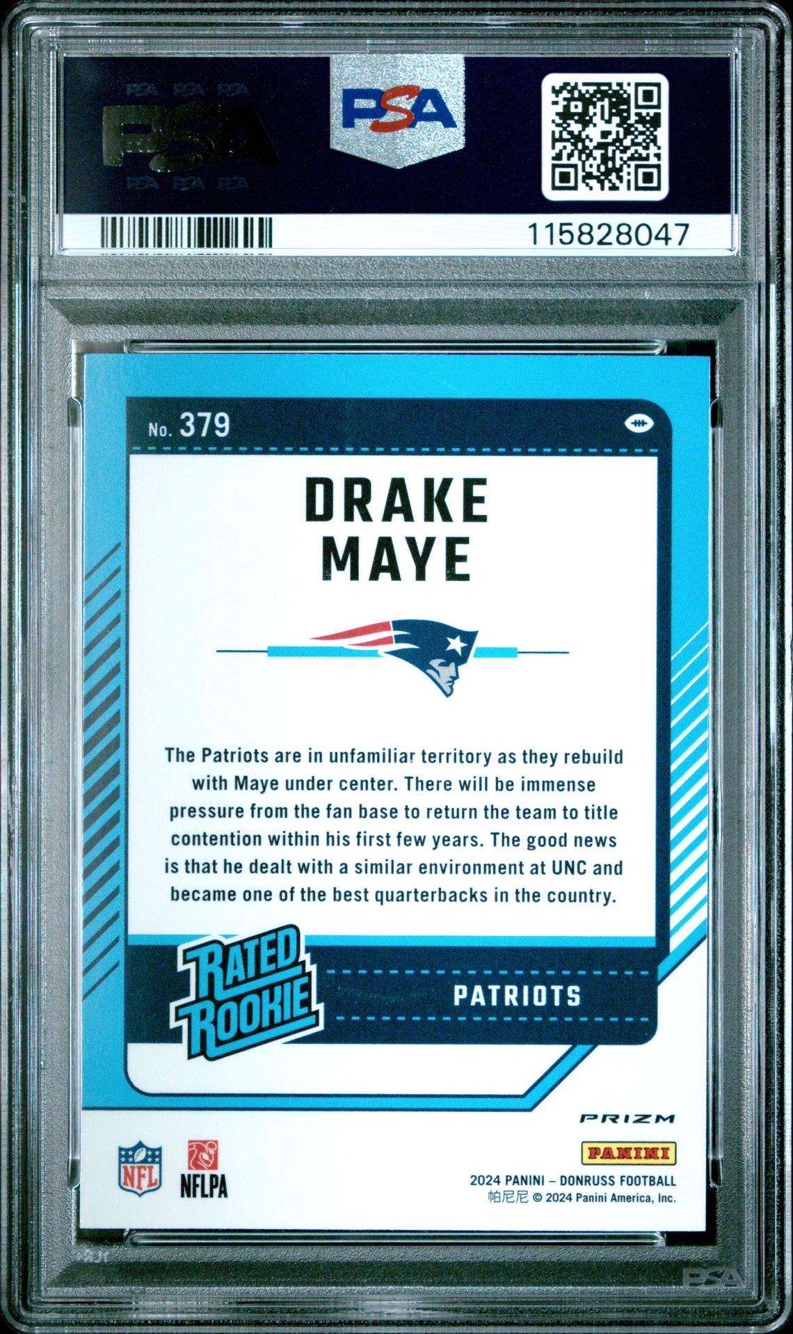 2024 Panini Donruss Drake Maye #379 (Optic Preview-Pink) Gem Mt 10 back
