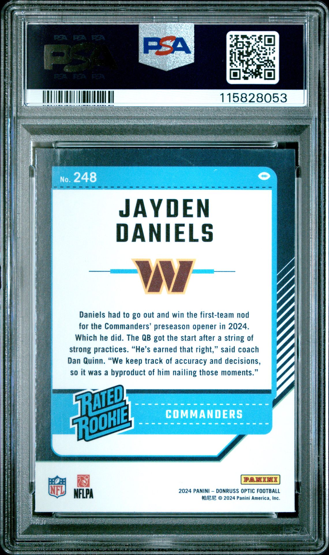 2024 Panini Donruss Optic Jayden Daniels #248 Gem Mt 10 back