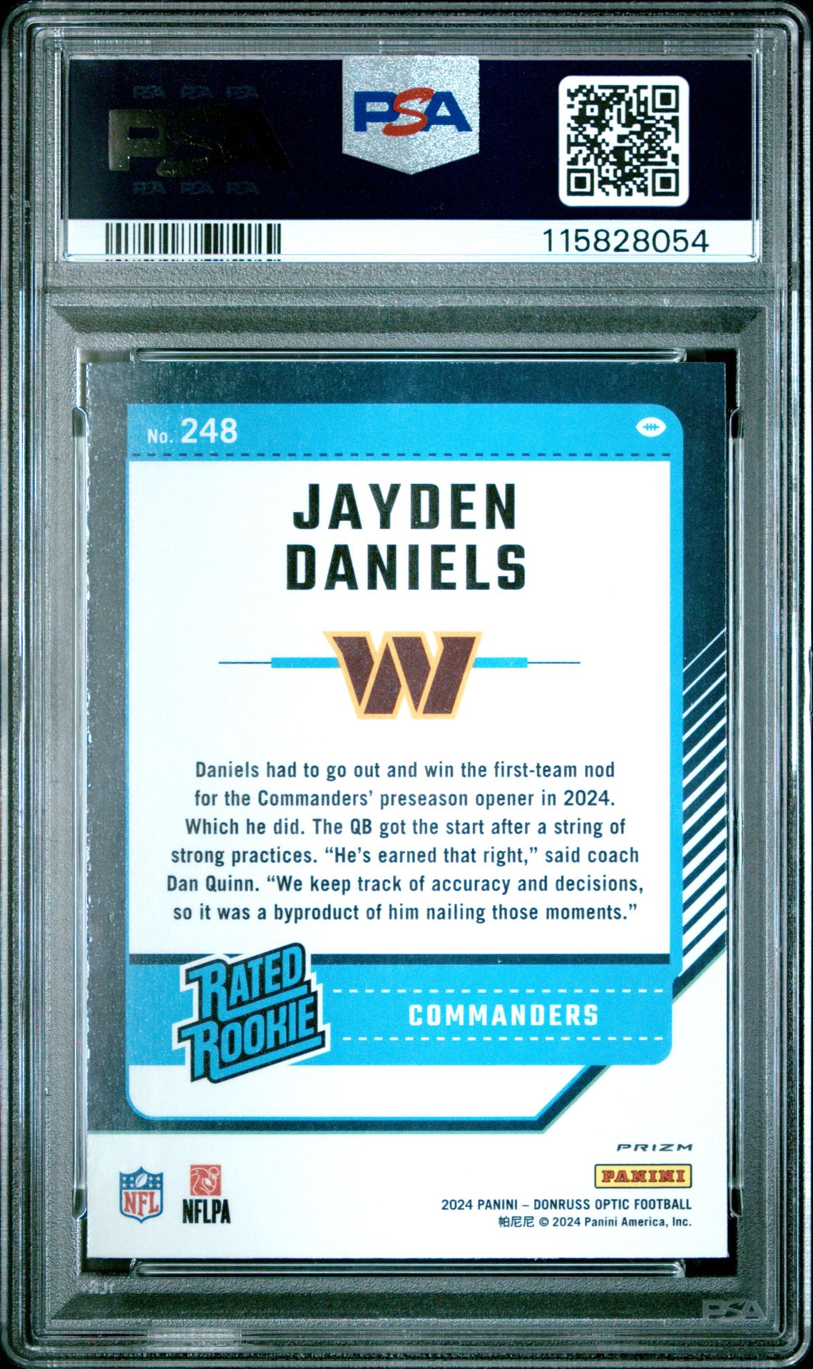 2024 Panini Donruss Optic Jayden Daniels #248 (Purple Shock) Gem Mt 10 back