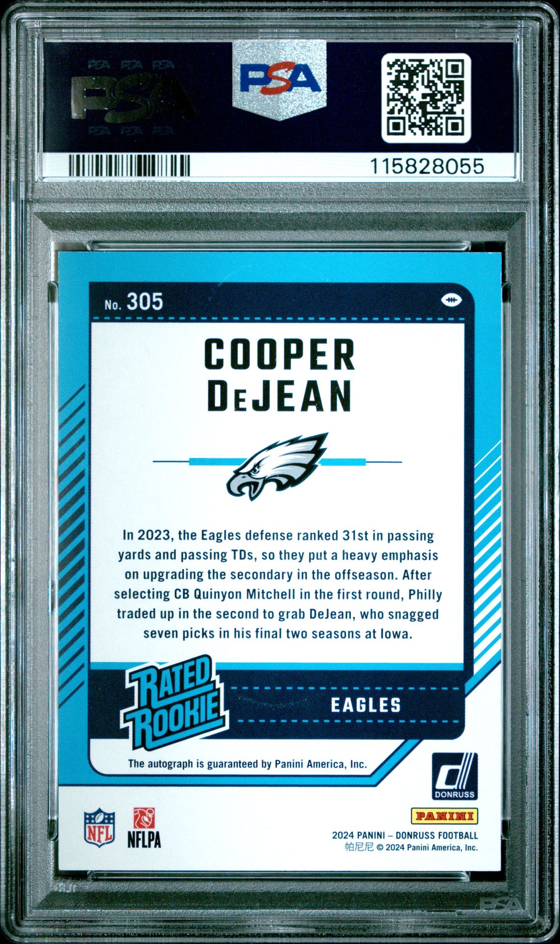 2024 Panini Donruss Cooper Dejean #305 (Autograph-Green) Mint 9 back