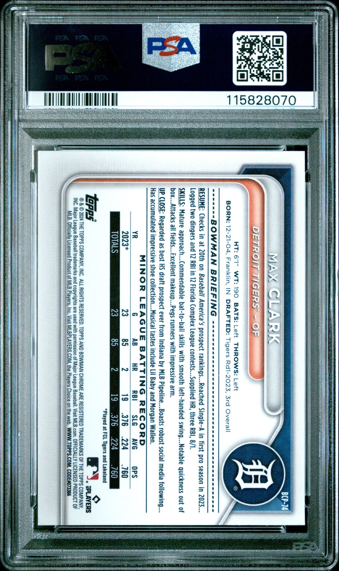 2024 Bowman Mega Box Chrome Prospects Max Clark #74 Mint 9 back