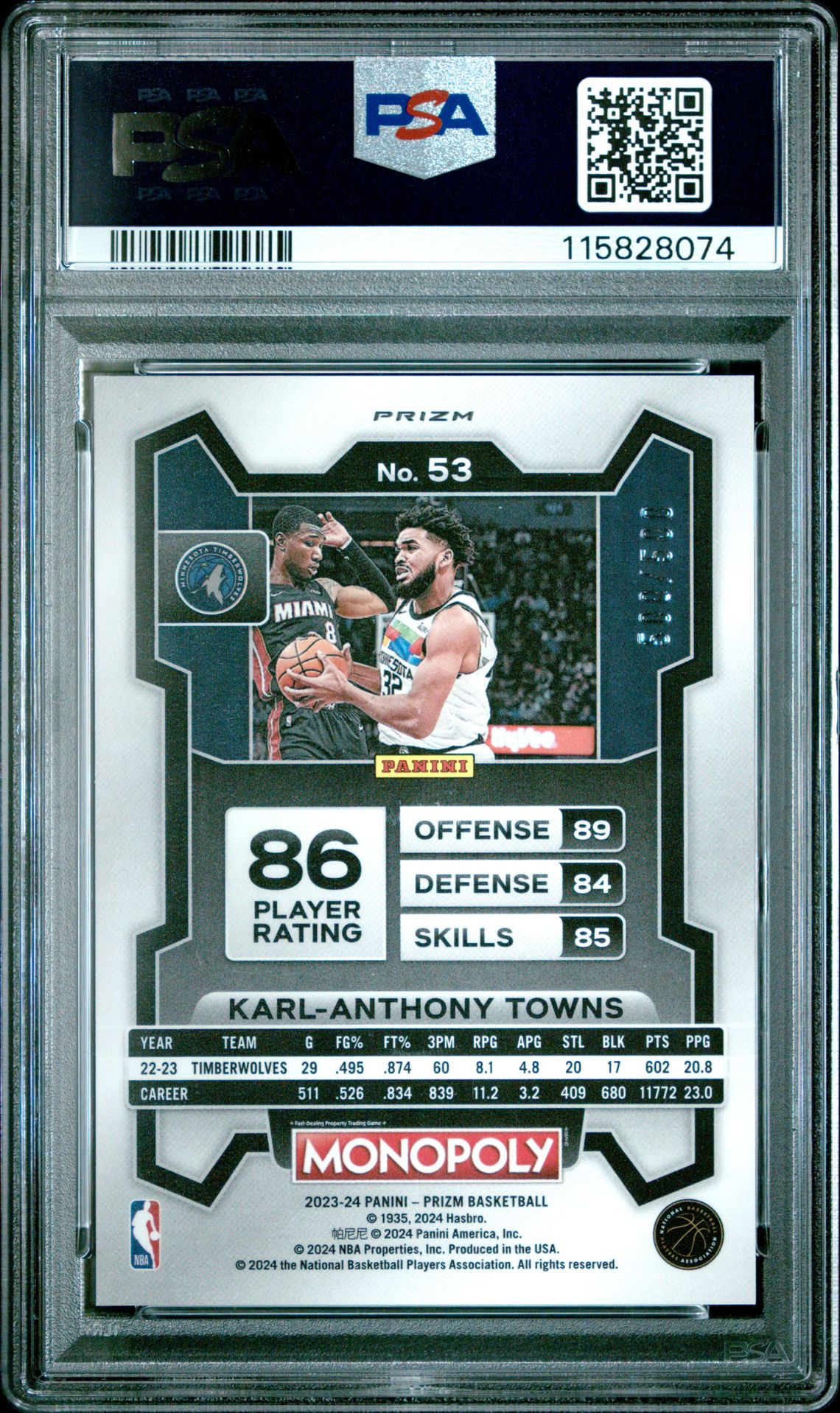 2023 Panini Prizm Monopoly Karl-Anthony Towns #53 (Gold Millionaire Shimmer) Gem Mt 10 back