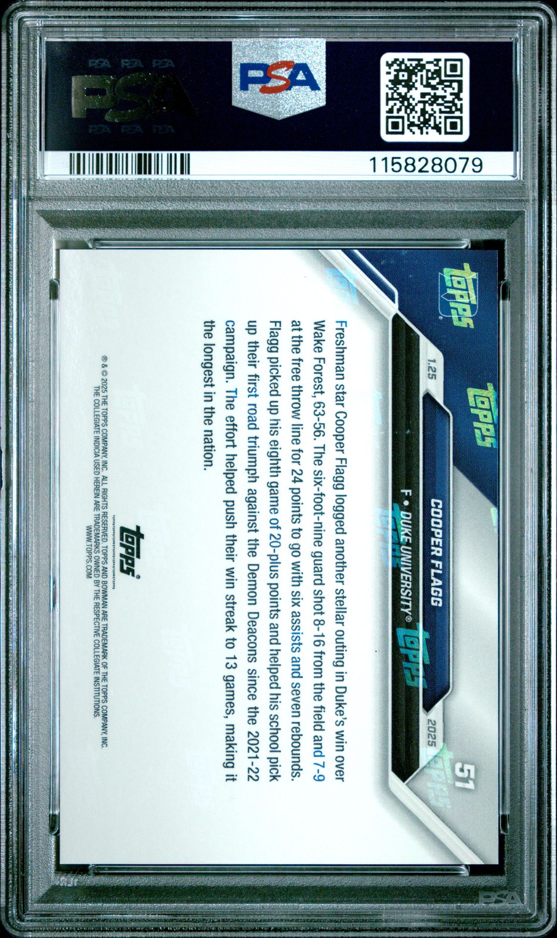 2024-25 Bowman U Now Cooper Flagg #51 Gem Mt 10 back