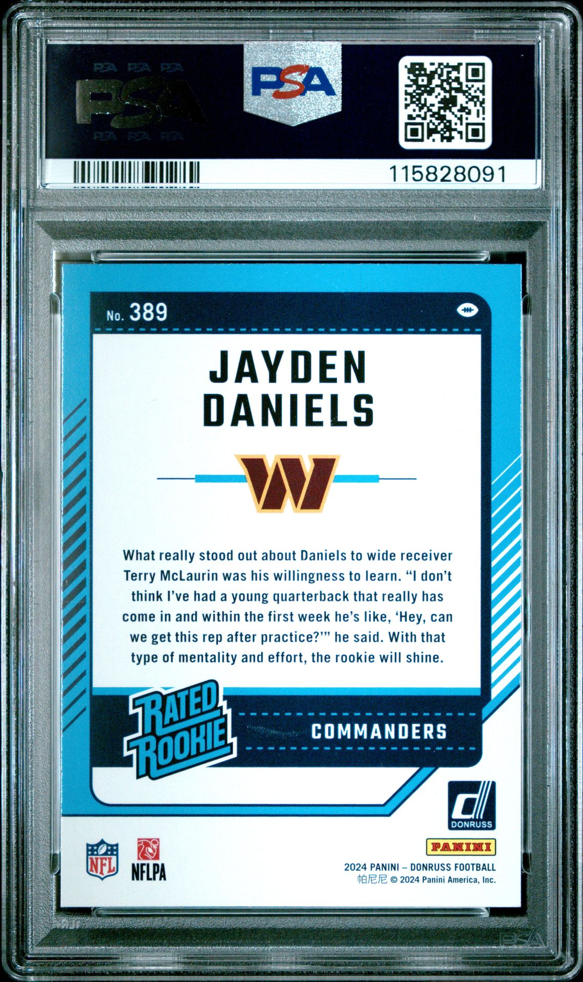 2024 Panini Donruss Jayden Daniels #389 (Press Proof Yellow) Gem Mt 10 back