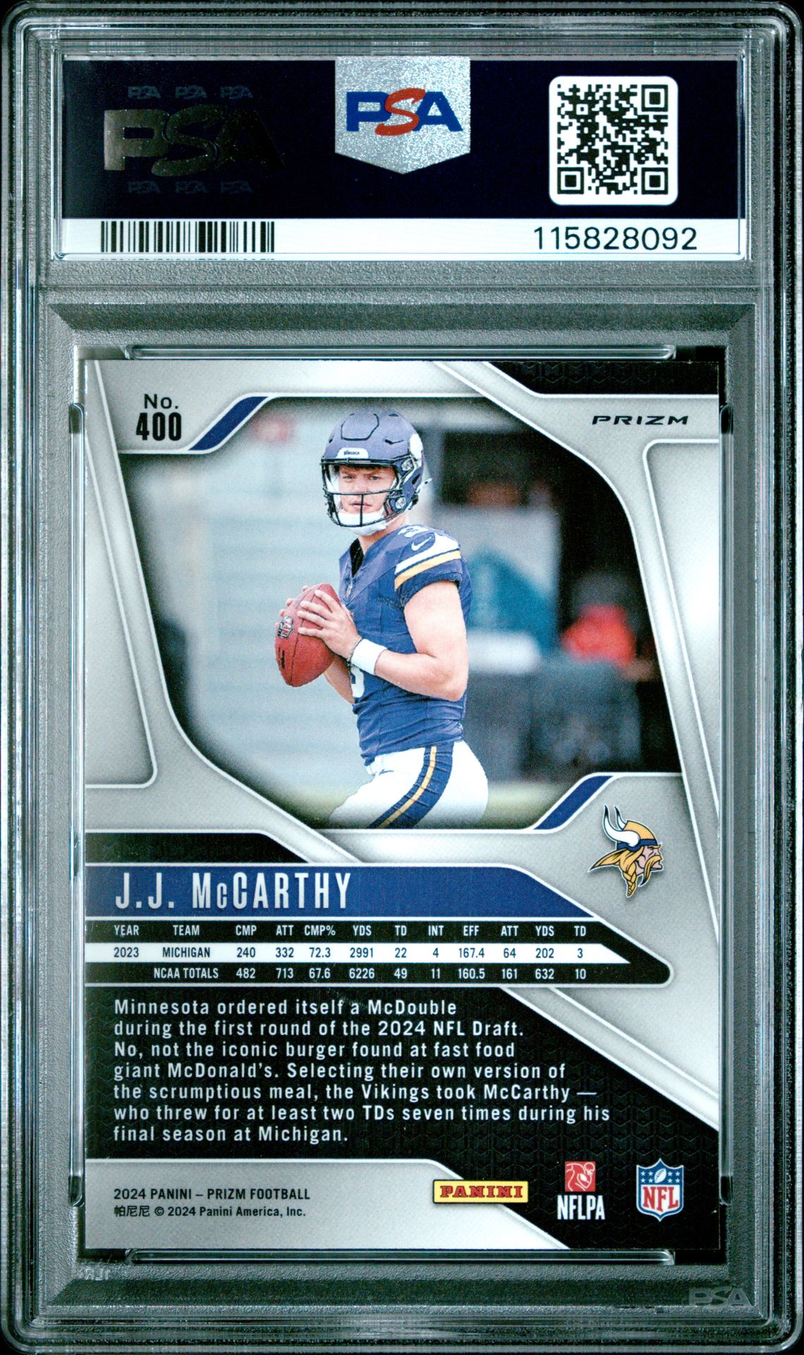 2024 Panini Prizm Jj Mccarthy #400 (Silver Prizm) Mint 9 back
