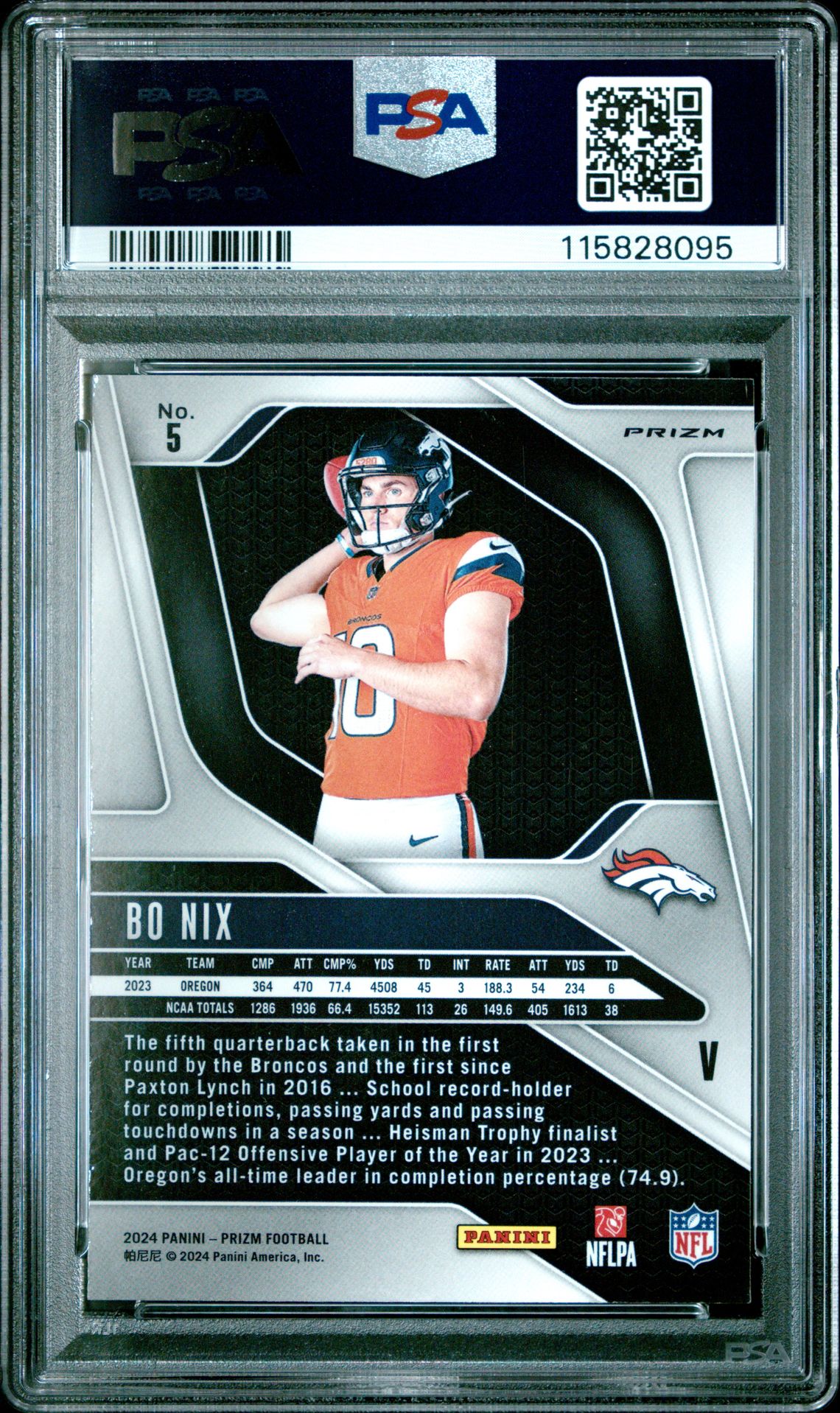 2024 Panini Prizm Rookie Variation Bo Nix #5 Gem Mt 10 back