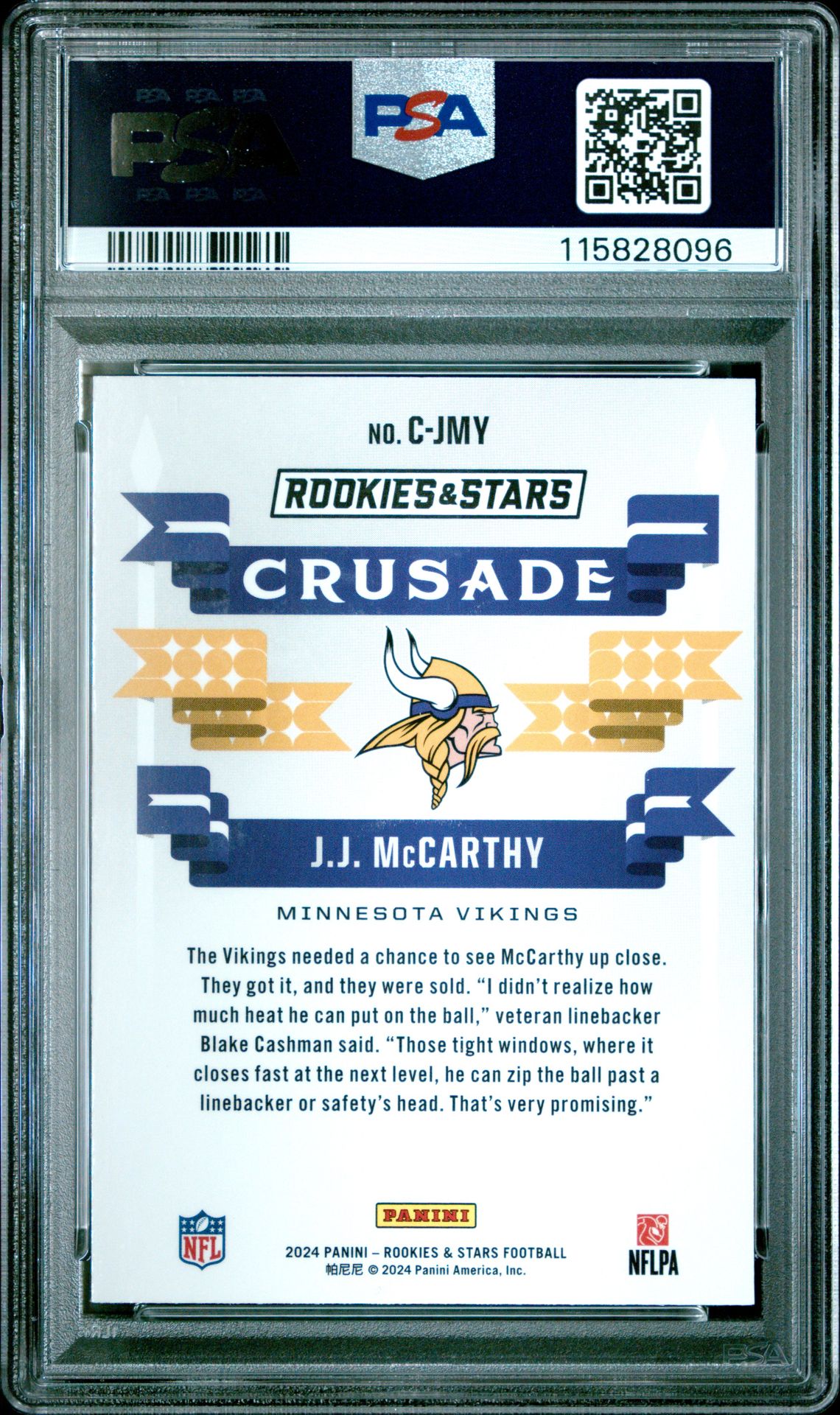 2024 Panini Rookies & Stars Crusade Jj Mccarthy #Cjmy (Crusade-Longevity) Gem Mt 10 back
