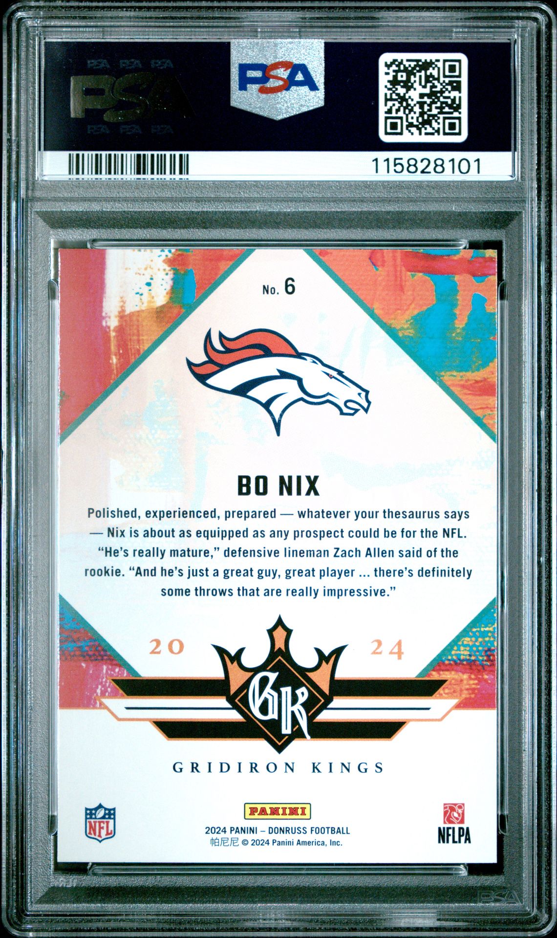 2024 Panini Donruss Rookie Gridiron Kings Bo Nix #6 Gem Mt 10 back