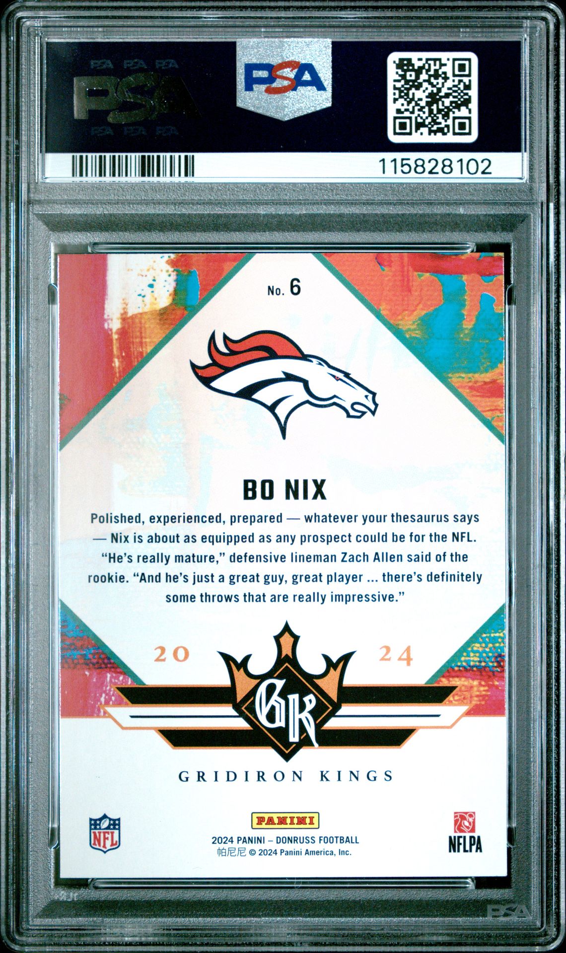 2024 Panini Donruss Rookie Gridiron Kings Bo Nix #6 Gem Mt 10 back