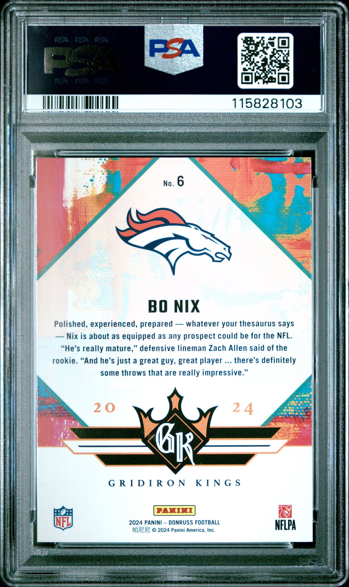 2024 Panini Donruss Rookie Gridiron Kings Bo Nix #6 Gem Mt 10 back