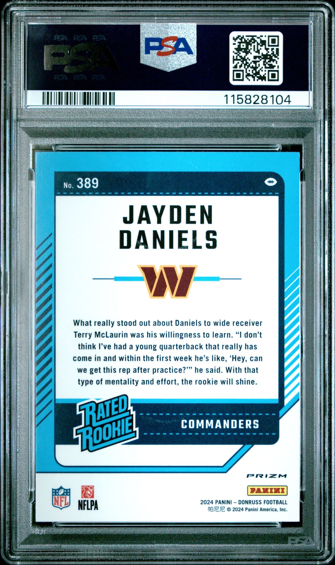 2024 Panini Donruss Jayden Daniels #389 (Optic Preview-Pink) Gem Mt 10 back