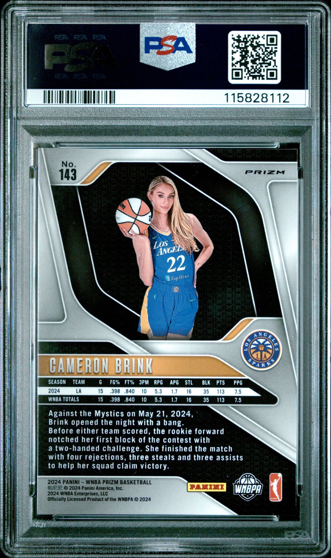 2024 Panini Prizm Wnba Cameron Brink #143 (Green Prizm) Gem Mt 10 back