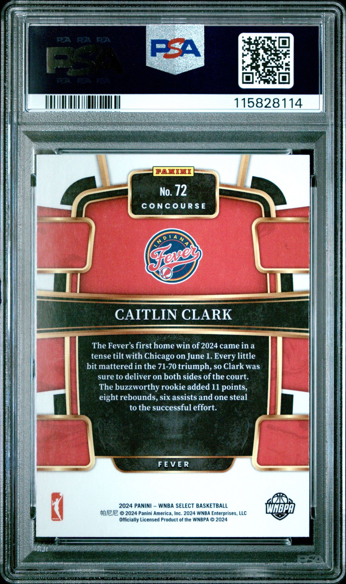 2024 Panini Select Wnba Caitlin Clark #72 Gem Mt 10 back