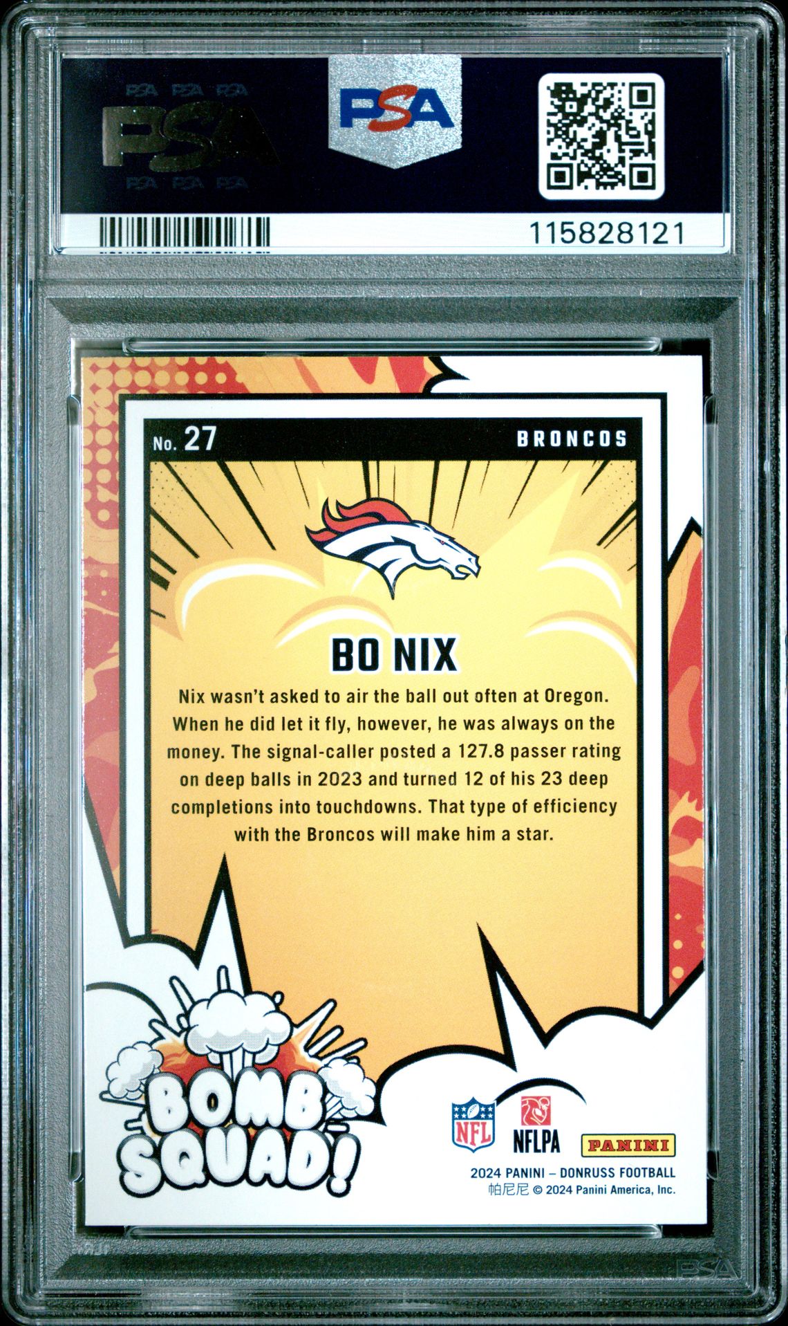 2024 Panini Donruss Bomb Squad Bo Nix #27 Gem Mt 10 back