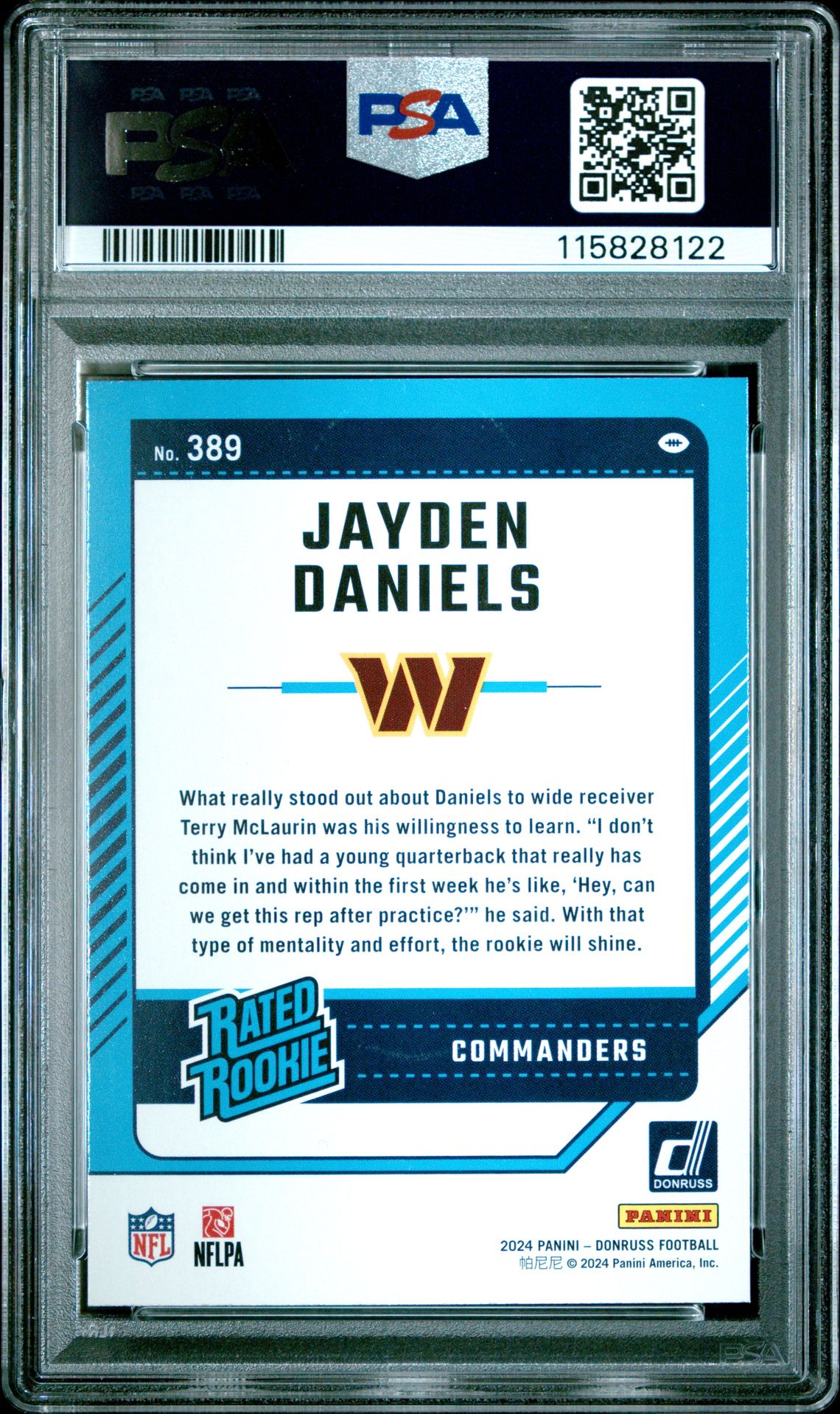 2024 Panini Donruss Jayden Daniels #389 Gem Mt 10 back