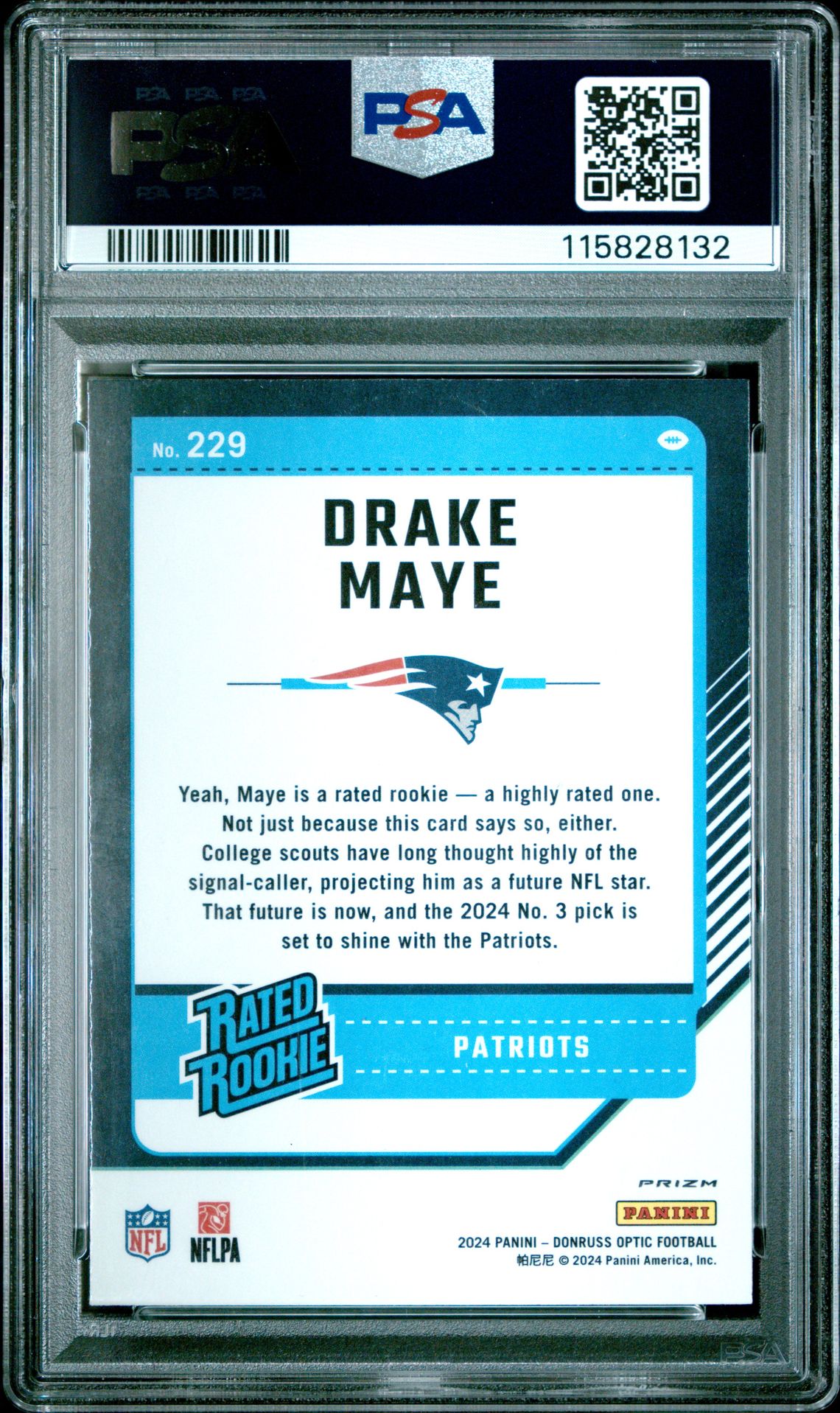 2024 Panini Donruss Optic Drake Maye #229 (Purple Shock) Mint 9 back