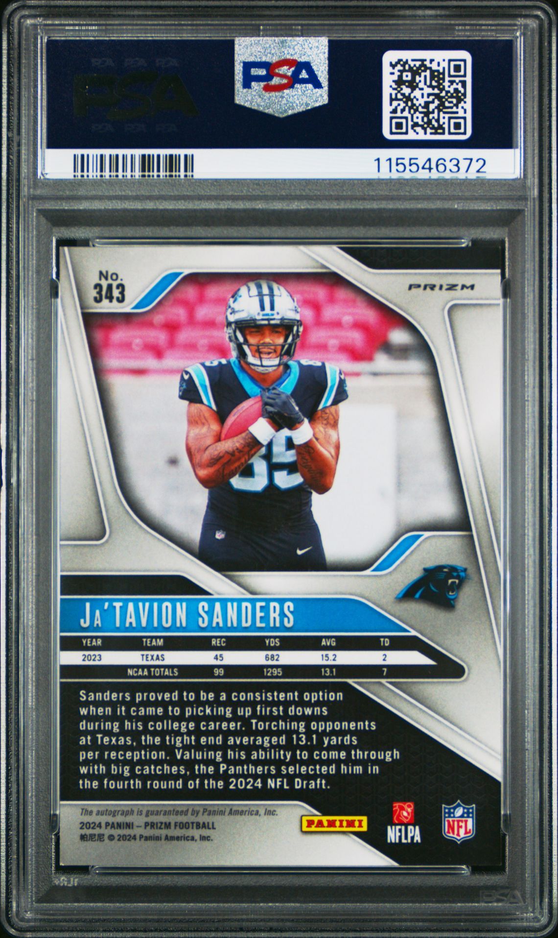 2024 Panini Prizm Ja'tavion Sanders #343 (Autograph-No Huddle) Gem Mt 10 back