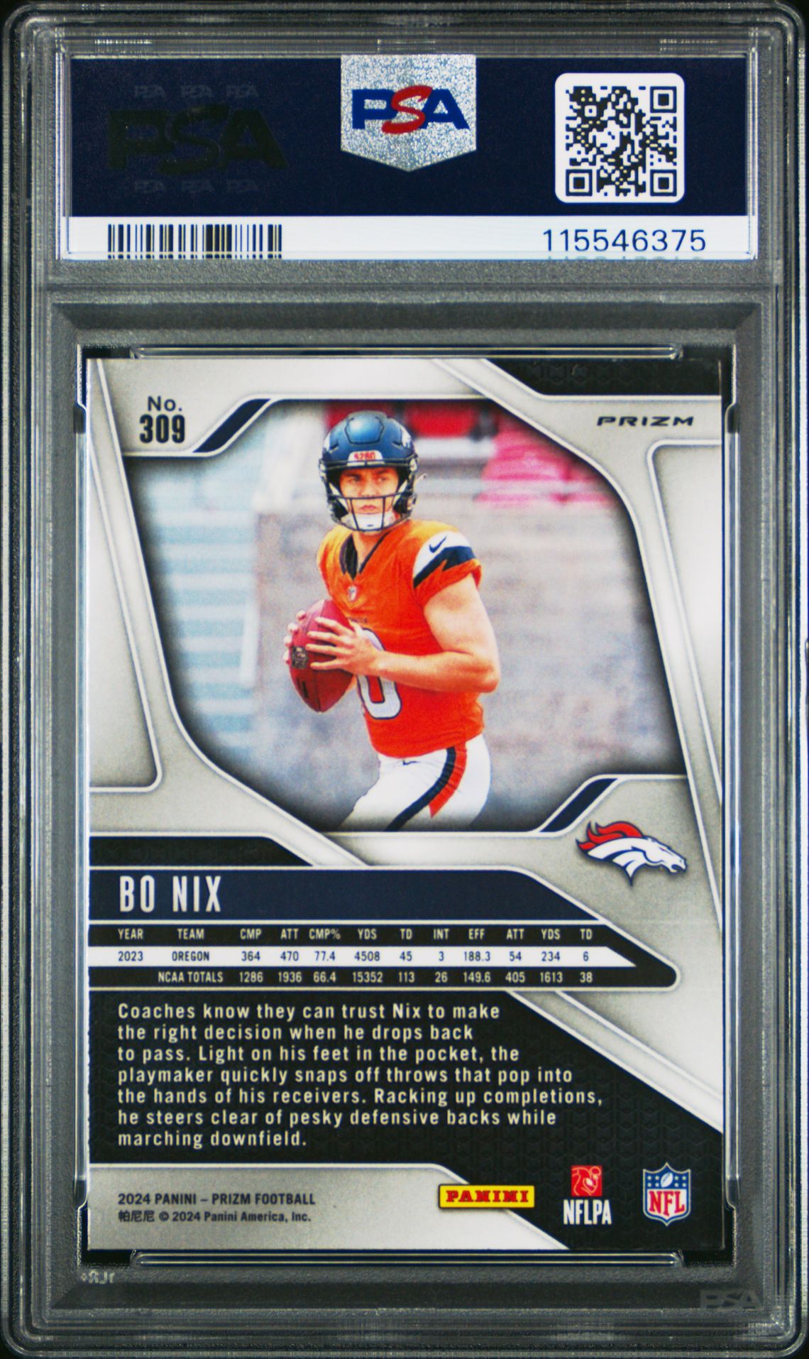 2024 Panini Prizm Bo Nix #309 (Silver Prizm) Mint 9 back