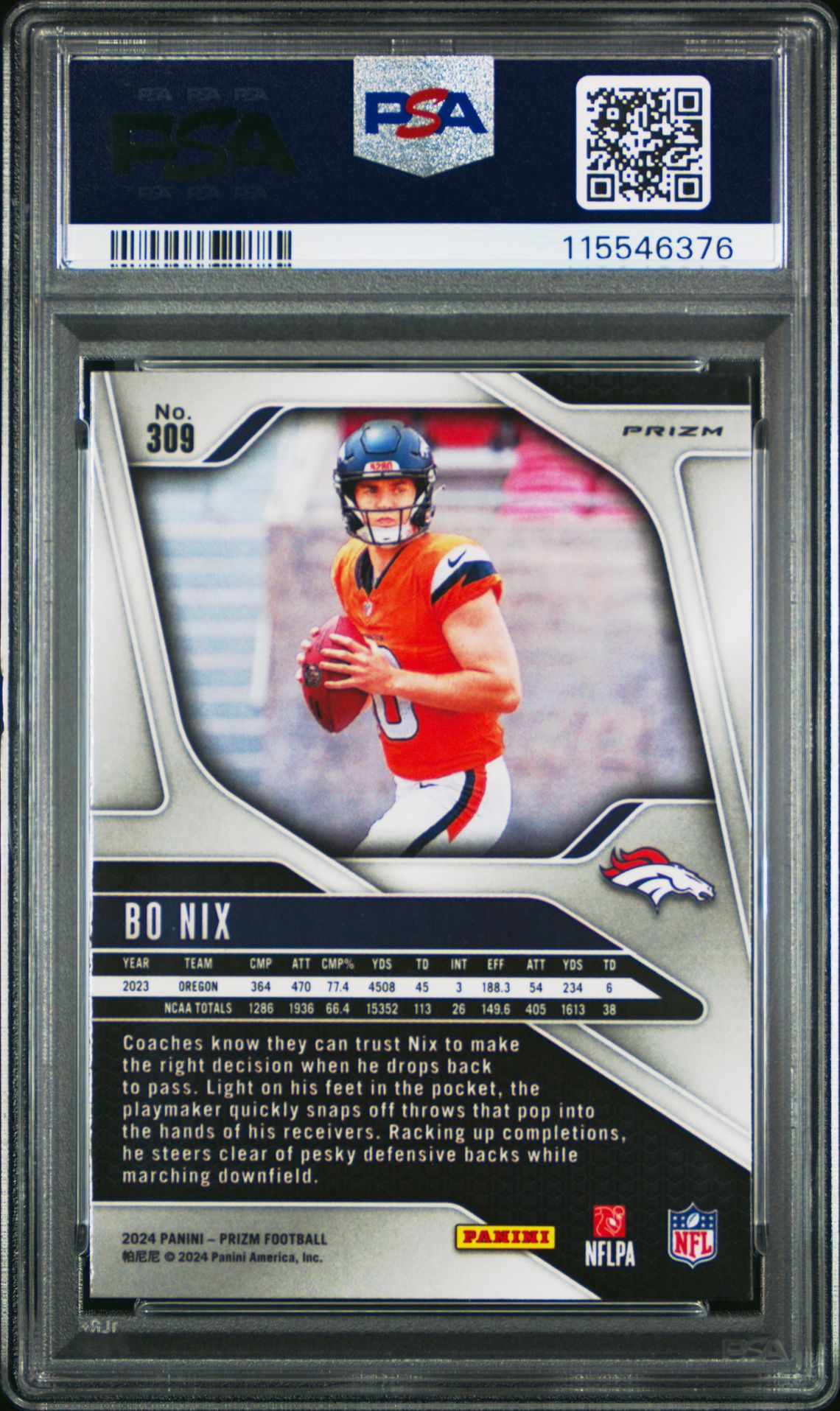 2024 Panini Prizm Bo Nix #309 (Lazer Prizm) Mint 9 back