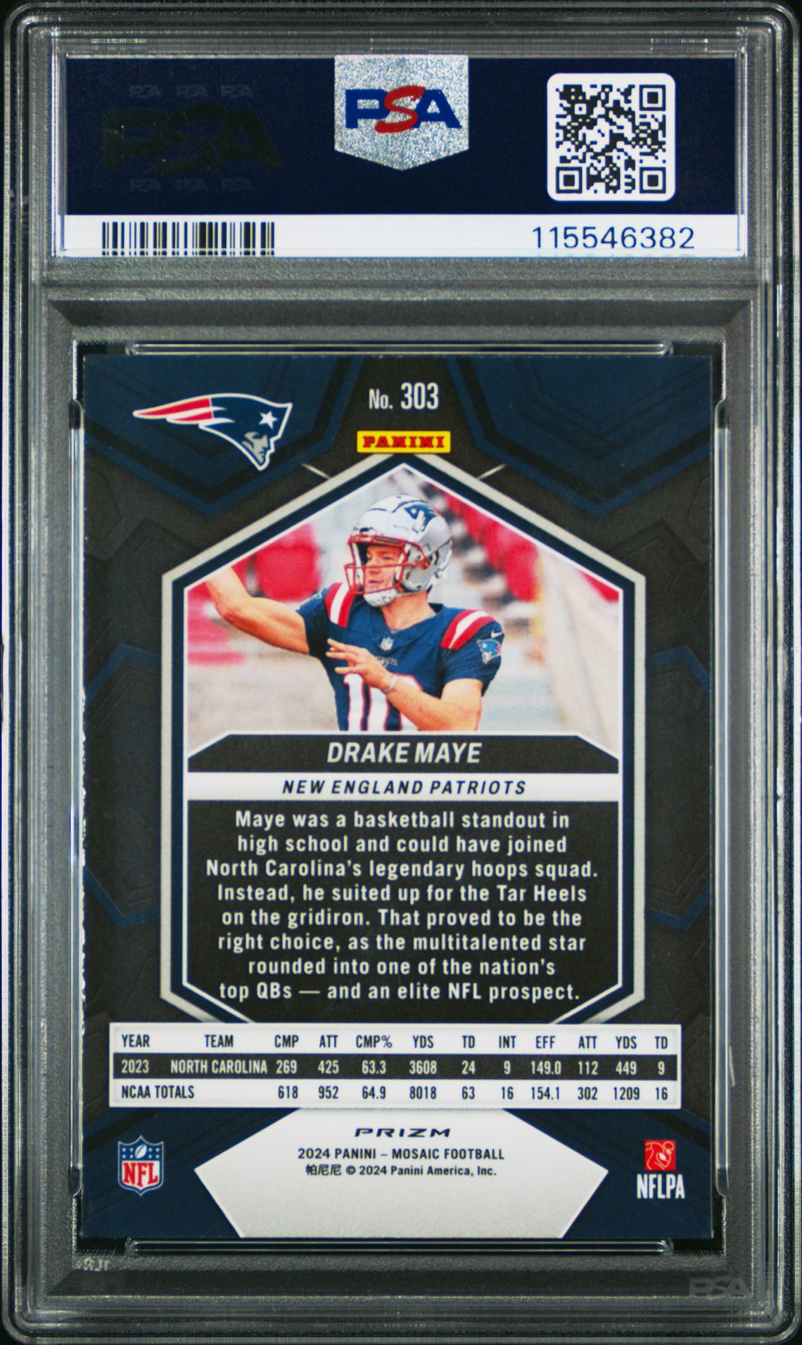 2024 Panini Mosaic Drake Maye #303 (Reactive Blue) Gem Mt 10 back