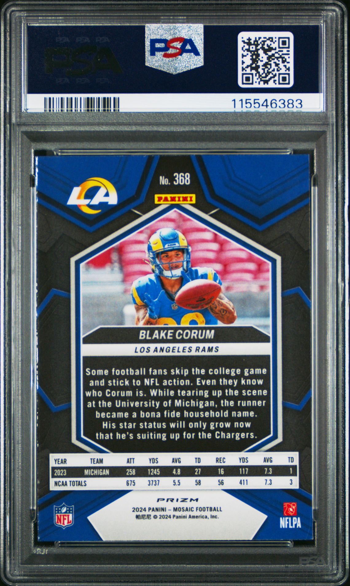 2024 Panini Mosaic Blake Corum #368 (Camo Pink) Mint 9 back