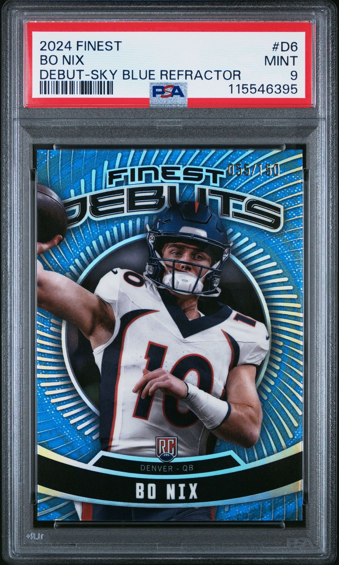 2024 Topps Finest Debut Bo Nix #D6 (Debut-Sky Blue Refractor) Mint 9 front