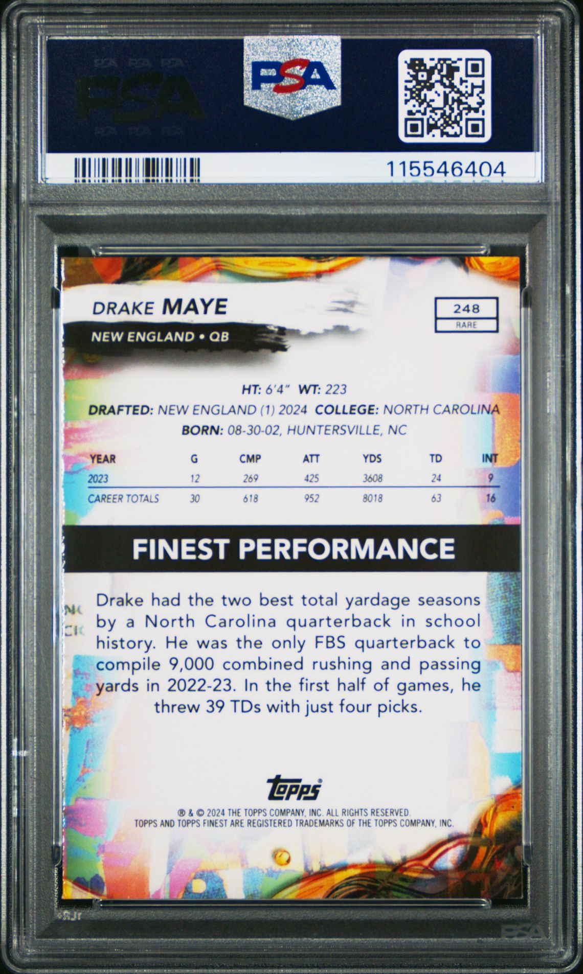 2024 Topps Finest Drake Maye #248 (Sky Blue Refractor) Mint 9 back