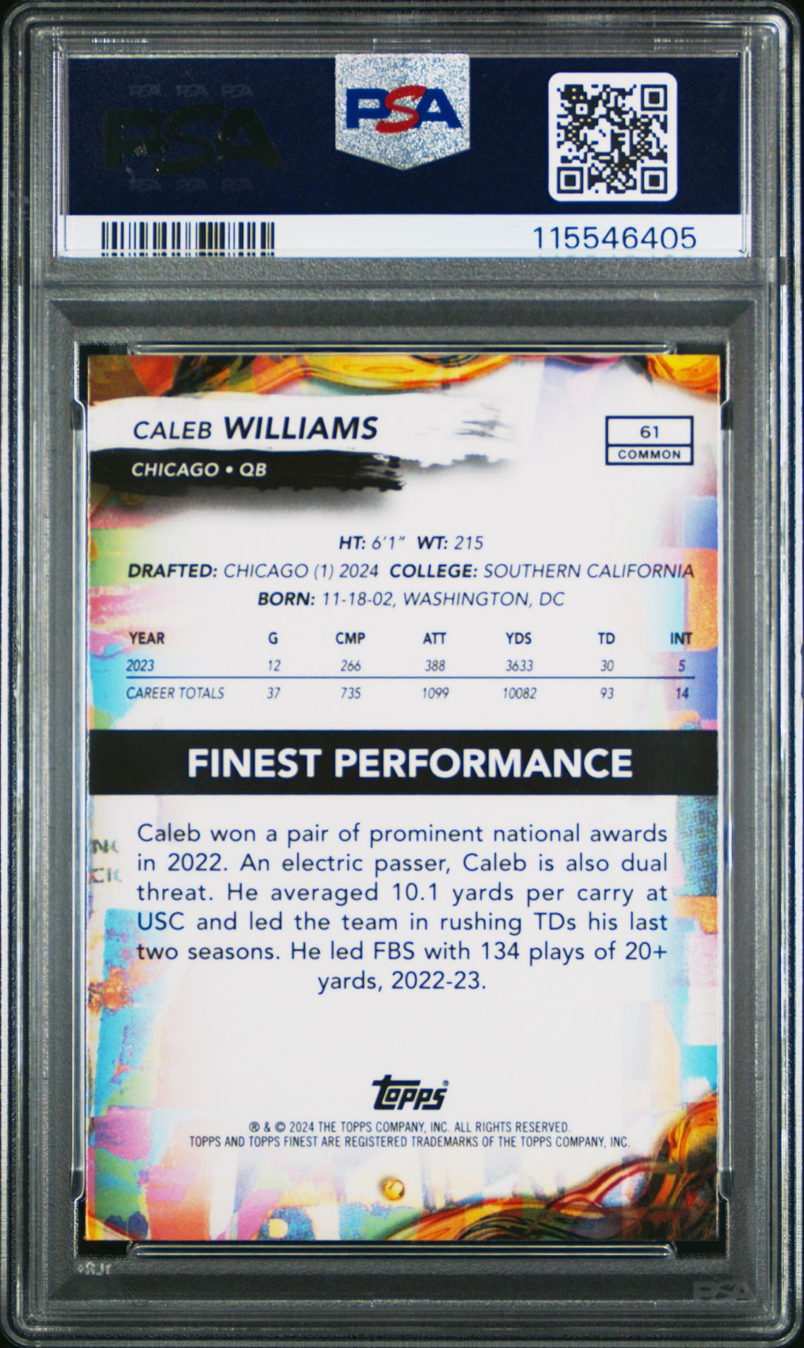 2024 Topps Finest Caleb Williams #61 (Checkerboard) Mint 9 back
